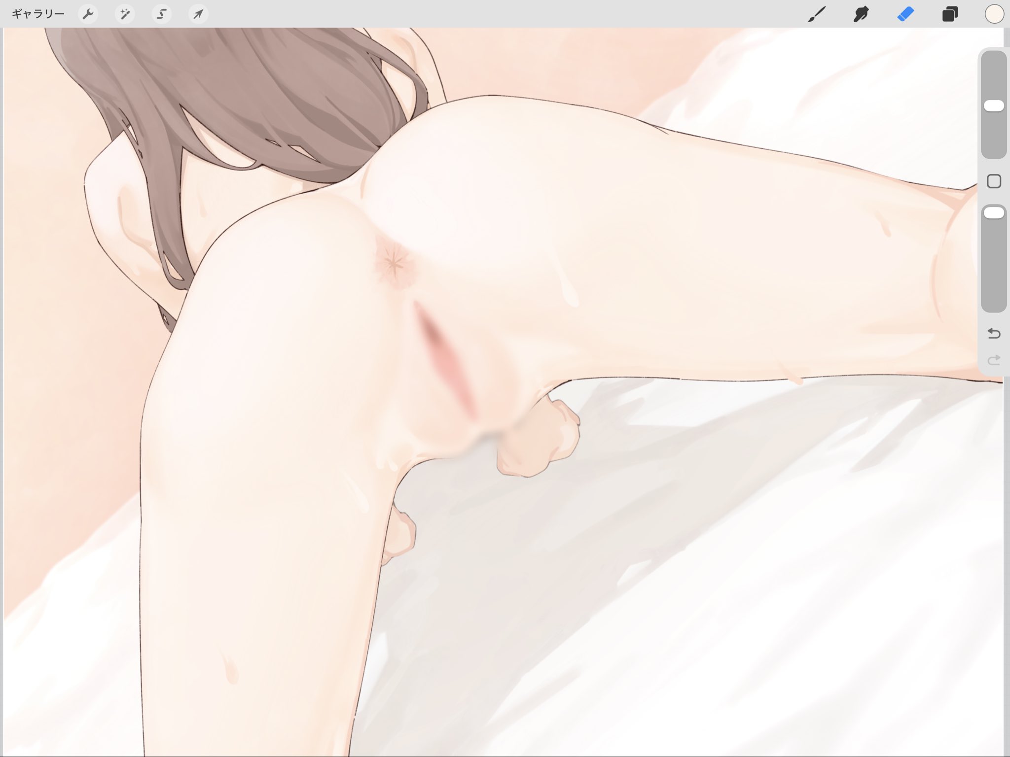 all fours, anus, ass, bed sheet, censored, completely nude, female, highres, idolmaster, idolmaster shiny colors, kuwayama chiyuki, long hair, misekai 555, nude, pussy, solo, thighs