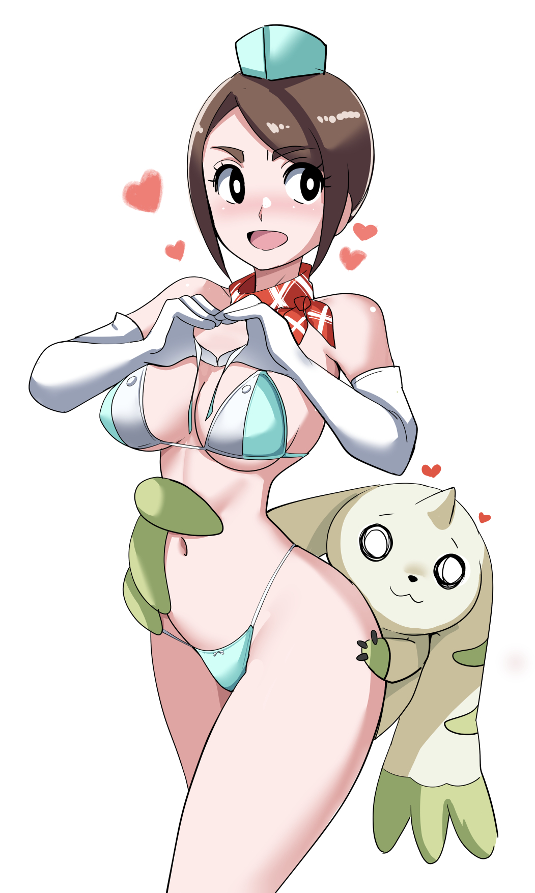 :3, :d, 1girls, aged up, ambiguous gender, ass visible through thighs, breasts, brown hair, brown-haired female, cosplay, digimon, digimon adventure 02, digimon story, digimon story: time stranger, female, heart, heart gesture, heart reaction, hikari yagami, hugging another, hugging ass, kanan yuki, kanan yuki (cosplay), large ass, large breasts, looking to the side, nose blush, open mouth, owo, smile, terriermon, thick thighs, watson cross, wide hips, yagami hikari, yuuki kanan, yuuki kanan (cosplay)