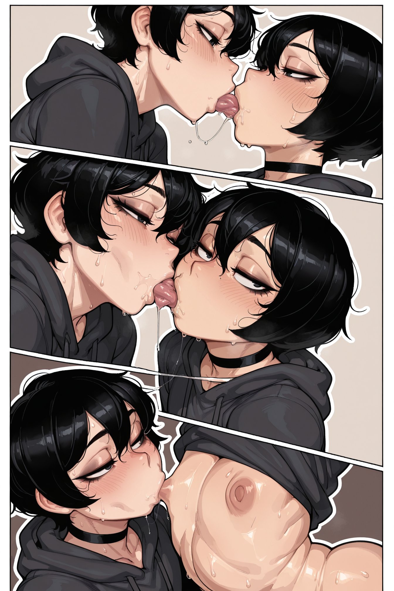 2boys, ai generated, areolae, black eyes, black hair, femboy, femboy on femboy, french kiss, kissing, light skin, light-skinned male, male, nipple sucking, nipples, oc, original, original character, squatting, sweat, sweatdrop, the milk man, tomgirl, tongue out, yaoi