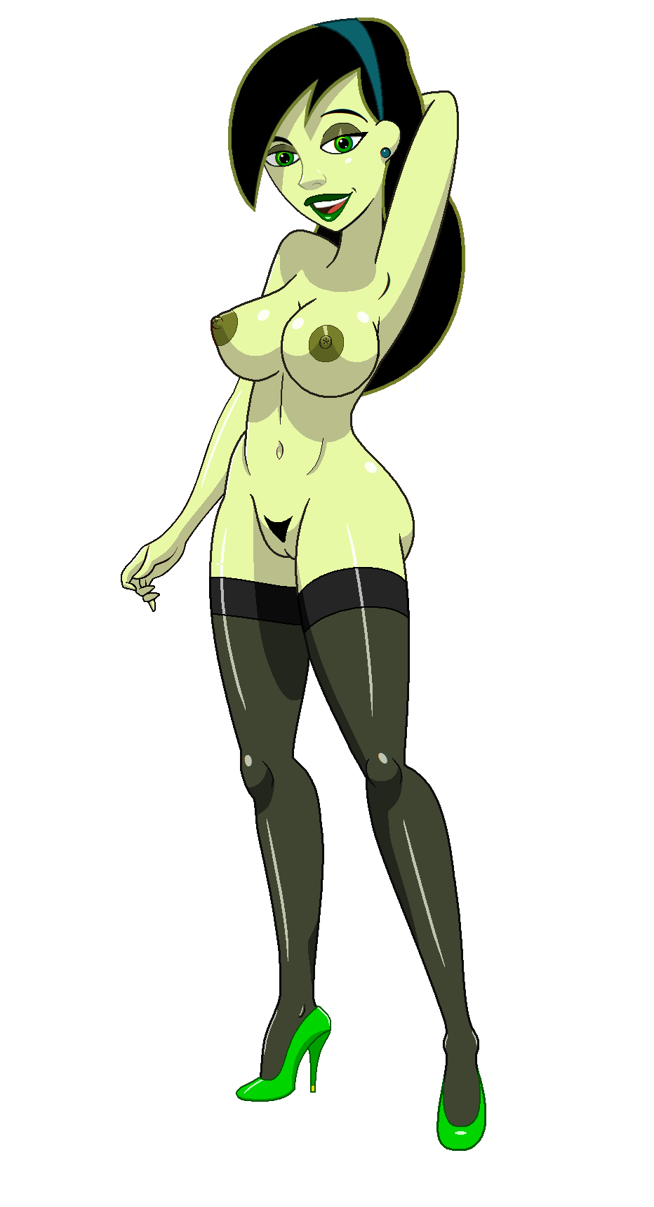 1girls alternate_version_available areola_slip arms_behind_head bare_shoulders big_breasts black_footwear black_hair black_legwear black_stockings breasts busty cleavage curvy disney disney_channel ear_piercing earrings erect_nipple erect_nipples eyeliner eyeshadow female female_only fnbman footwear front_view green_eyes green_lipstick green_nipples green_skin hair_ornament hairband hairy_pussy hand_behind_head hands_behind_head high_heels hourglass_figure human innie_pussy kim_possible legwear lipstick long_hair looking_at_viewer makeup miss_go naked naked_footwear naked_heels naked_stockings naked_thighhighs nipples nude open_mouth piercing pose posing pubes pubic_hair pussy shego shiny shiny_skin simple_background solo standing stockings thighhighs voluptuous white_background wide_hips