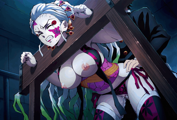 ai generated, animated, big breasts, bondage, breasts, captured, clothed sex, crying, daki (kimetsu no yaiba), demon girl, demon slayer, doggy style, exposed breasts, fastjack, female, from behind, grey body, grey skin, humiliation, kimetsu no yaiba, pillory, pussy, rape, sex, tears, thighhighs, vaginal penetration, vaginal sex