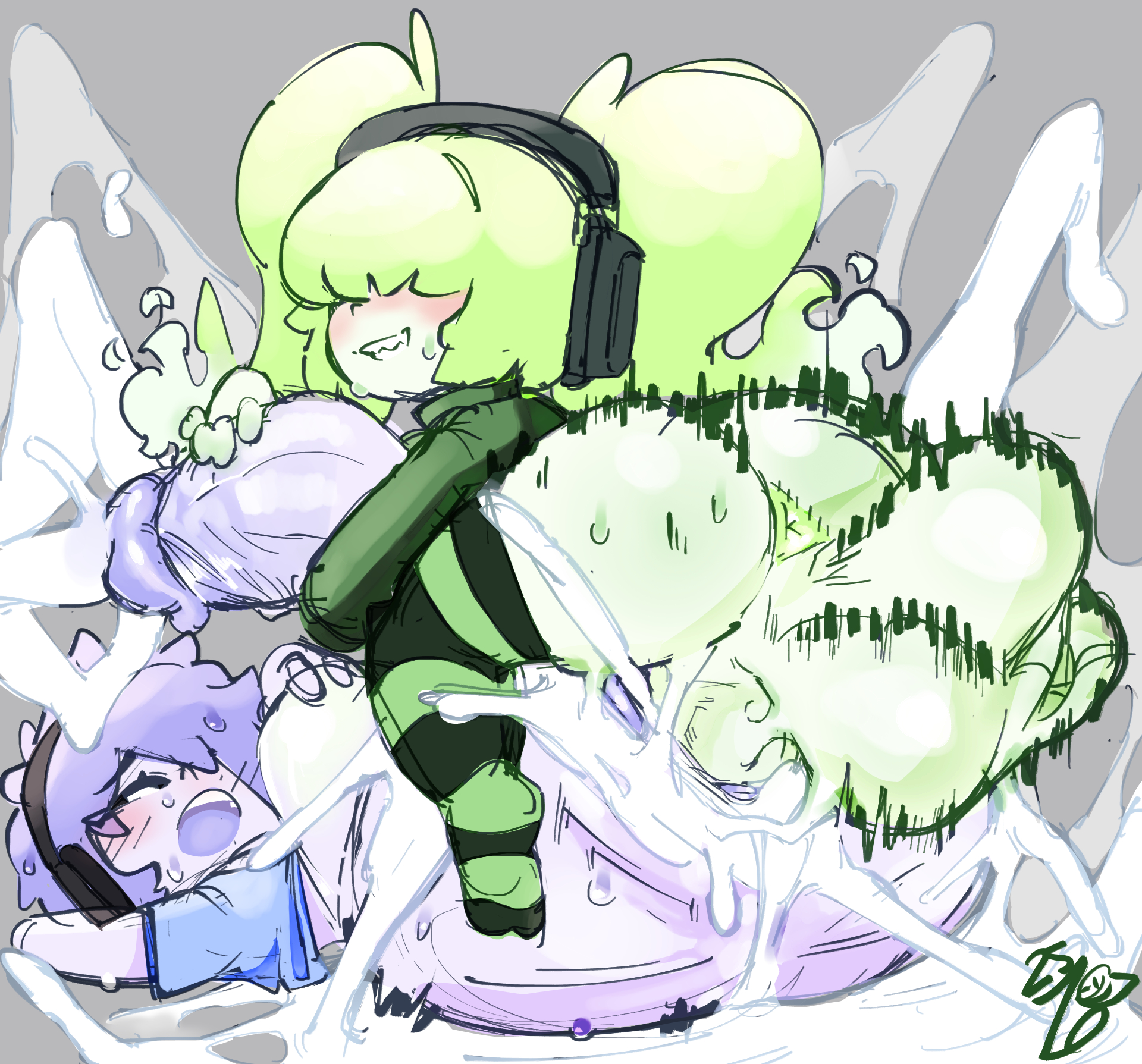 0gupy0, 1boy, 1futa, 2025, absurd res, anal, anus, ass, beth (chaozdesignz), bottom heavy, bottomless, chaoz (chaozdesignz), clothed, clothing, commission, cum, cum while penetrated, ejaculation, futa on male, futanari, ghost, green body, green clothing, green hair, hair over eyes, huge balls, huge cock, humanoid, hung bottom, hung trap, long hair, male, orgasm, partially clothed, penis, purple hair, sex, short hair, skindentation, thick thighs, wide hips
