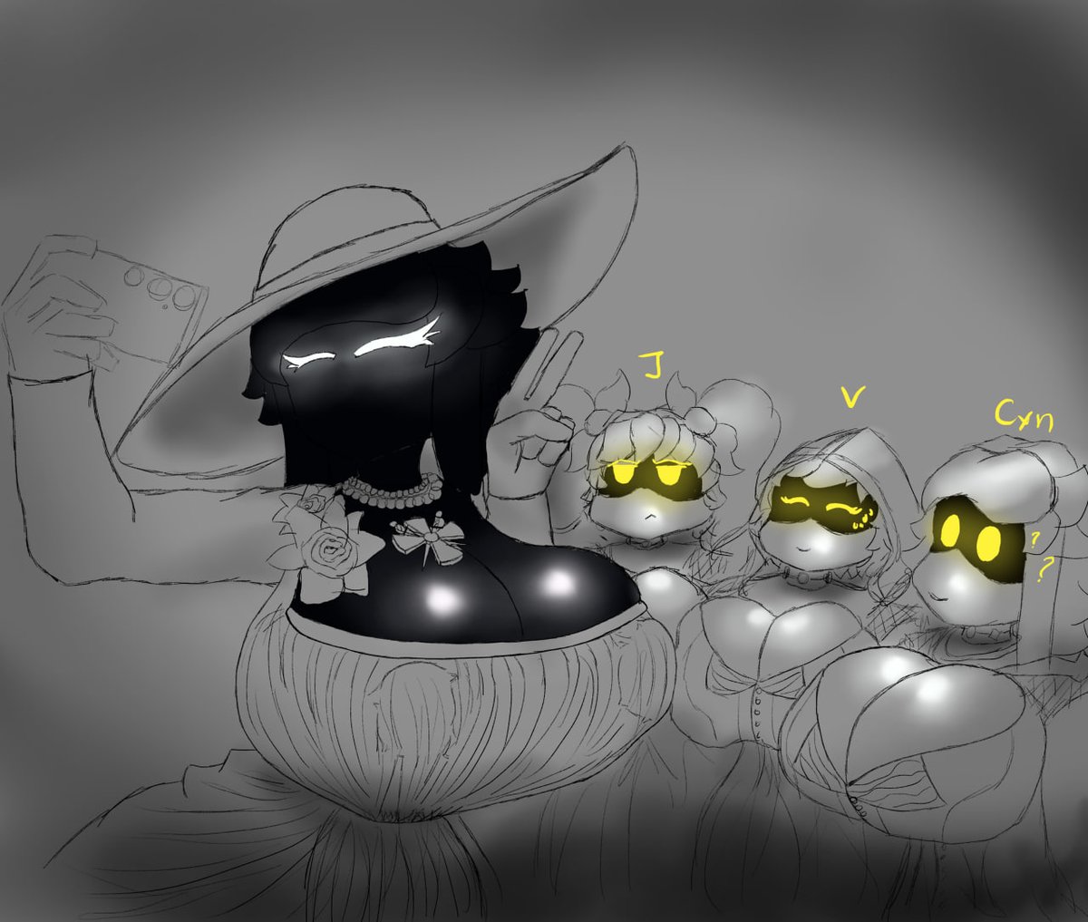 4girls, breasts, casual nudity, cleavage, clothed, cyn (murder drones), female, female only, fordik, huge breasts, j (murder drones), massive breasts, murder drones, nipples visible through clothing, no bra, resident evil, resident evil 8: village, revealing clothes, robot, robot girl, tessa elliot, v (murder drones)
