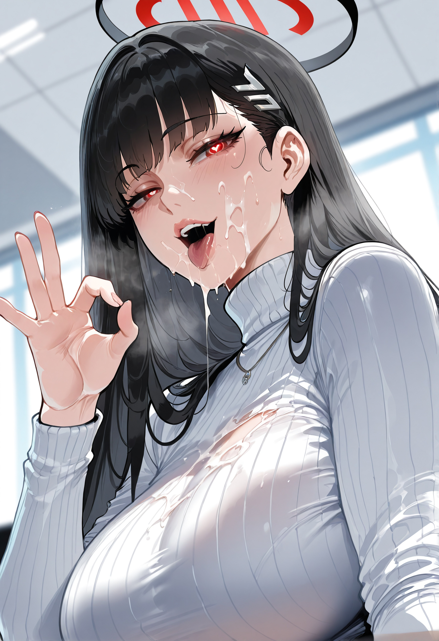 1boy, after fellatio, after oral, after paizuri, after sex, ahoge, ai generated, bangs, black hair, blue archive, blunt bangs, blurry background, blush, breasts, cum, cum in mouth, cum on body, cum on breasts, cum on clothes, cum on tongue, cum on upper body, curvaceous, curvaceous female, curvaceous figure, curvy, curvy body, curvy female, curvy figure, curvy hips, eyebrows visible through hair, facial, female, heart, heart-shaped pupils, large breasts, long hair, long sleeves, looking at viewer, male, miyuai, open mouth, red eyes, ribbed sweater, rio (blue archive), smile, solo, sweater, symbol-shaped pupils, tagme, thick, thick ass, thick legs, thick thighs, tongue, tongue out, turtleneck, uncensored, voluptuous, voluptuous body, voluptuous female