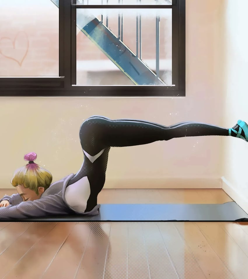 1girls, arm rest, ass, ballerina shoes, blonde hair, bodysuit, breasts, closed eyes, clothed, clothing, day, elbow rest, female, flats, flats (shoes), flexible, from side, fully clothed, gradient hair, grey sweater, gwen stacy, hair bun, heart, highres, indoors, inside, josivalart, light skin, light-skinned female, lying, marvel, marvel comics, medium hair, multicolored bodysuit, multicolored hair, on stomach, outstretched legs, petite, pink hair, pose, seductive look, shoes, skin tight, skinny, slim, small breasts, solo, spider-gwen, spider-man (series), stairs, straight hair, sweater, teenager, thighs, tied hair, two-tone bodysuit, two-tone hair, window, wooden floor, yoga, yoga mat