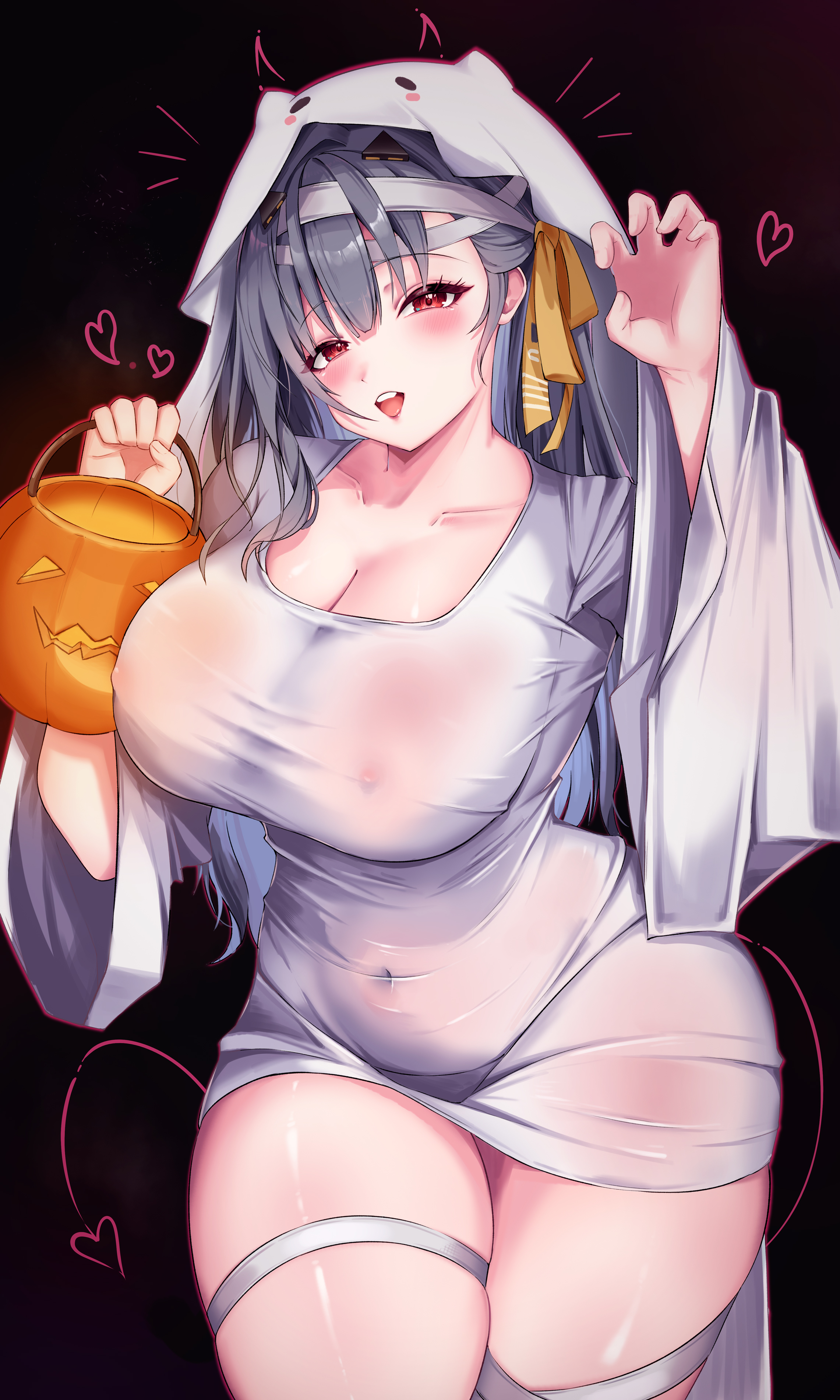 blush, breasts, claw pose, collarbone, covered erect nipples, curvy, female, ghost costume, goddess of victory: nikke, halloween, heart, holding object, huge breasts, looking at viewer, modernia (nikke), navel line, plump, pumpkin basket, smile, thick thighs, thigh strap, upper teeth, voluptuous, wide hips