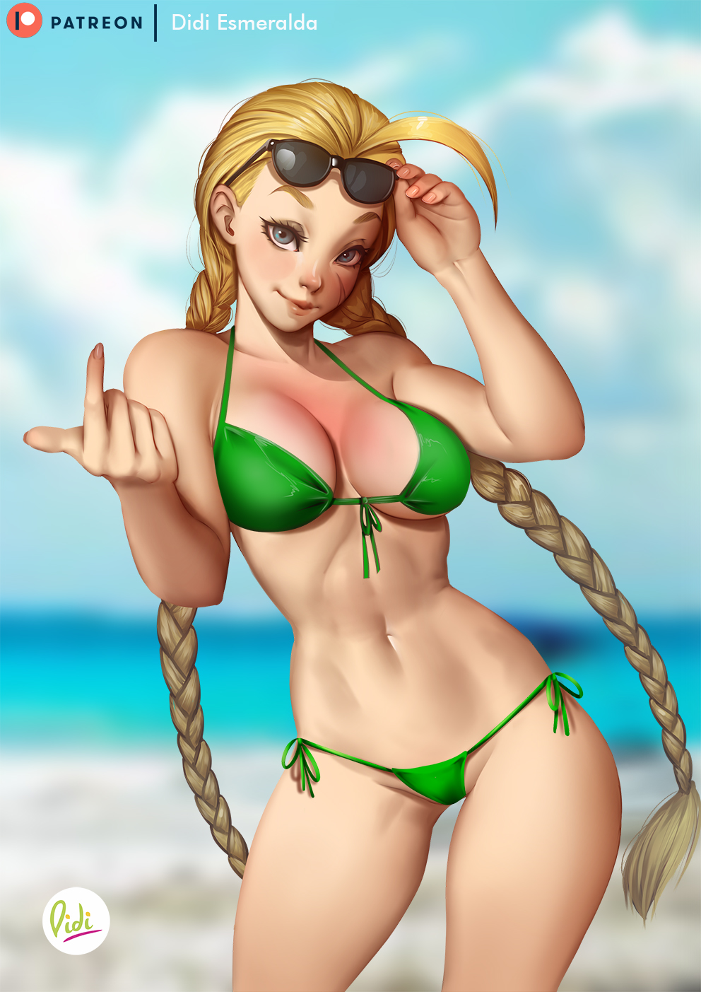 absurdres, ahoge, beach, beckoning, bikini, blonde hair, blue eyes, blurry background, blush, braid, breasts, cammy white, capcom, clothed, clouds, cowboy shot, curvy, didi esmeralda, eyelashes, eyeliner, eyeshadow, female, female only, front view, gesture, green bikini, highres, human, inviting, large breasts, long hair, looking at viewer, makeup, navel, outdoors, sand, scar, side-tie bikini, signature, solo, standing, street fighter, street fighter ii, sunglasses, sunglasses on head, swimsuit, topless, twin braids, twintails, very long hair, water