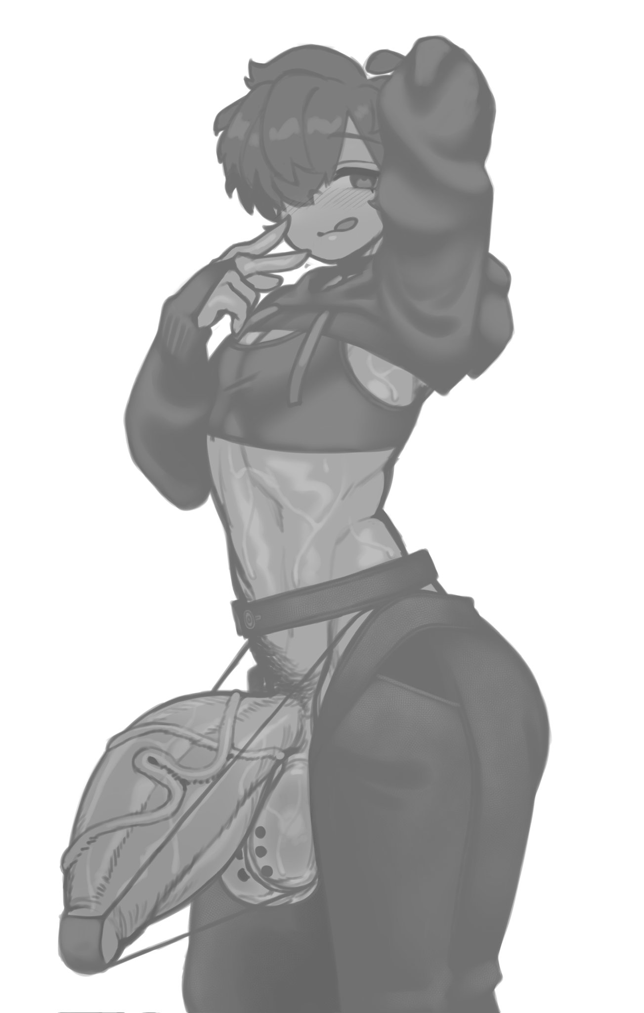 1boy, 1femboy, 2024, black hair, femboy, huge cock, hung femboy, looking at viewer, magnus (mctamagomaki), male, male only, mctamagomaki, monochrome, penis, solo male, tongue, tongue out, twink, yoga pants