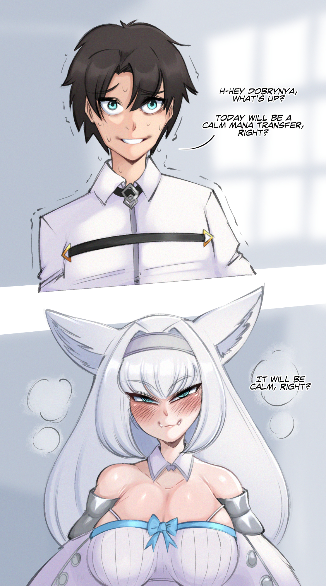 animal humanoid, big breasts, blush, bodily fluids, breasts, clothed, clothing, dialogue, dobrynya nikitich (fate), duo, english text, fate (series), felid, felid humanoid, feline, feline humanoid, female, hair, hi res, human, humanoid, long hair, male, mammal, mammal humanoid, saltyxodium, sweat, sweatdrop, text, type-moon, white hair