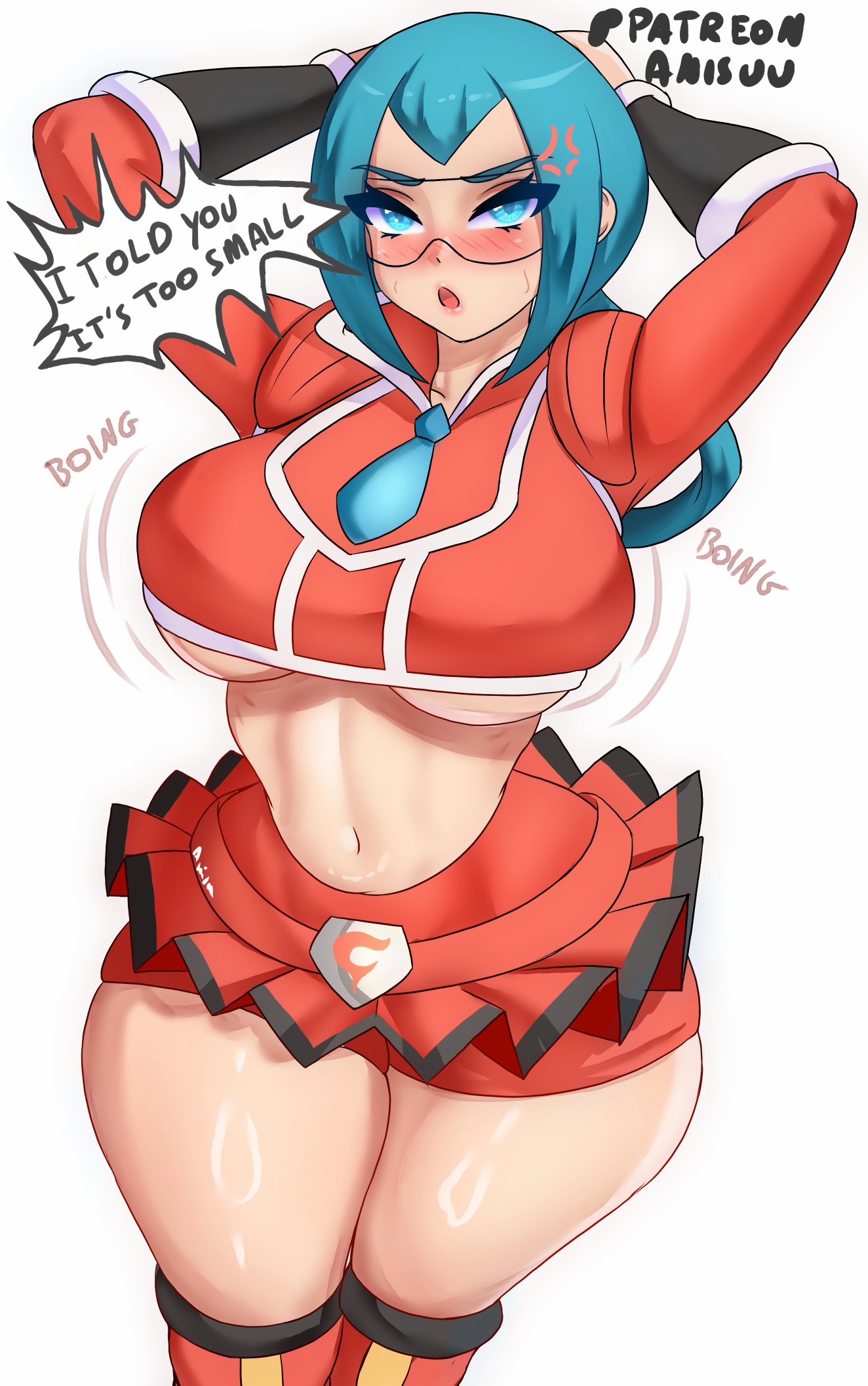 1girls, angry, anisdrawn, breasts, english text, female, glasses, large breasts, light skin, light-skinned female, looking at viewer, mable (pokemon legends: z-a), mable (pokemon), midriff, momiji (pokemon legends: z-a), momiji (pokemon), nintendo, pokemon, pokemon legends: z-a, team flare, team flare uniform, text, thick thighs, thighs, tinted eyewear, underboob, visor, white background, wide hips