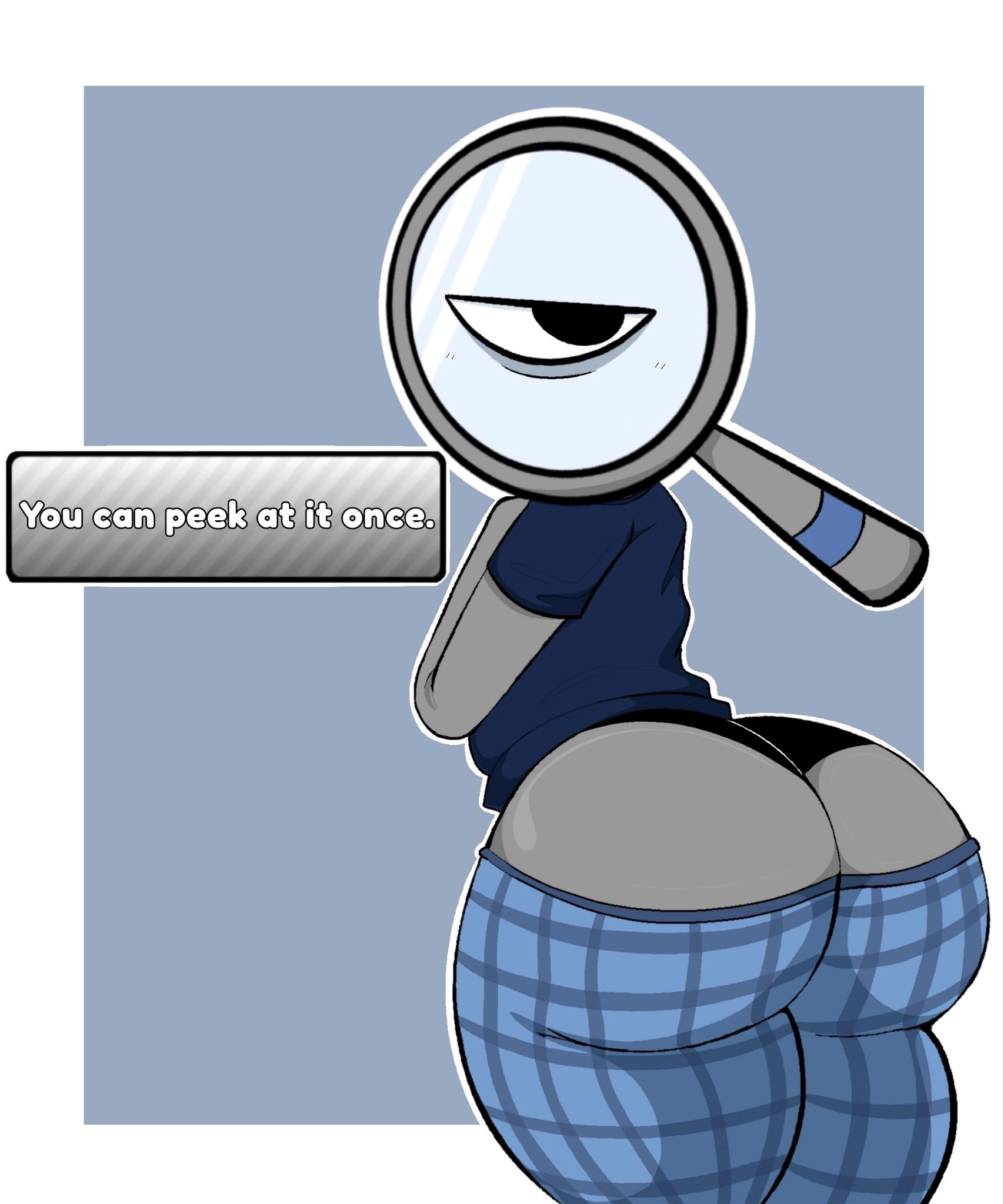 1boy, alpha sleeper rodger, ass, big ass, bubble butt, child bearing hips, dandy's world, dialogue, english text, grey body, huge ass, kirukato, magnifying glass, male, male only, panties, roblox, rodger (dandy's world), simple background, tagme, text, thick thighs, voluptuous male