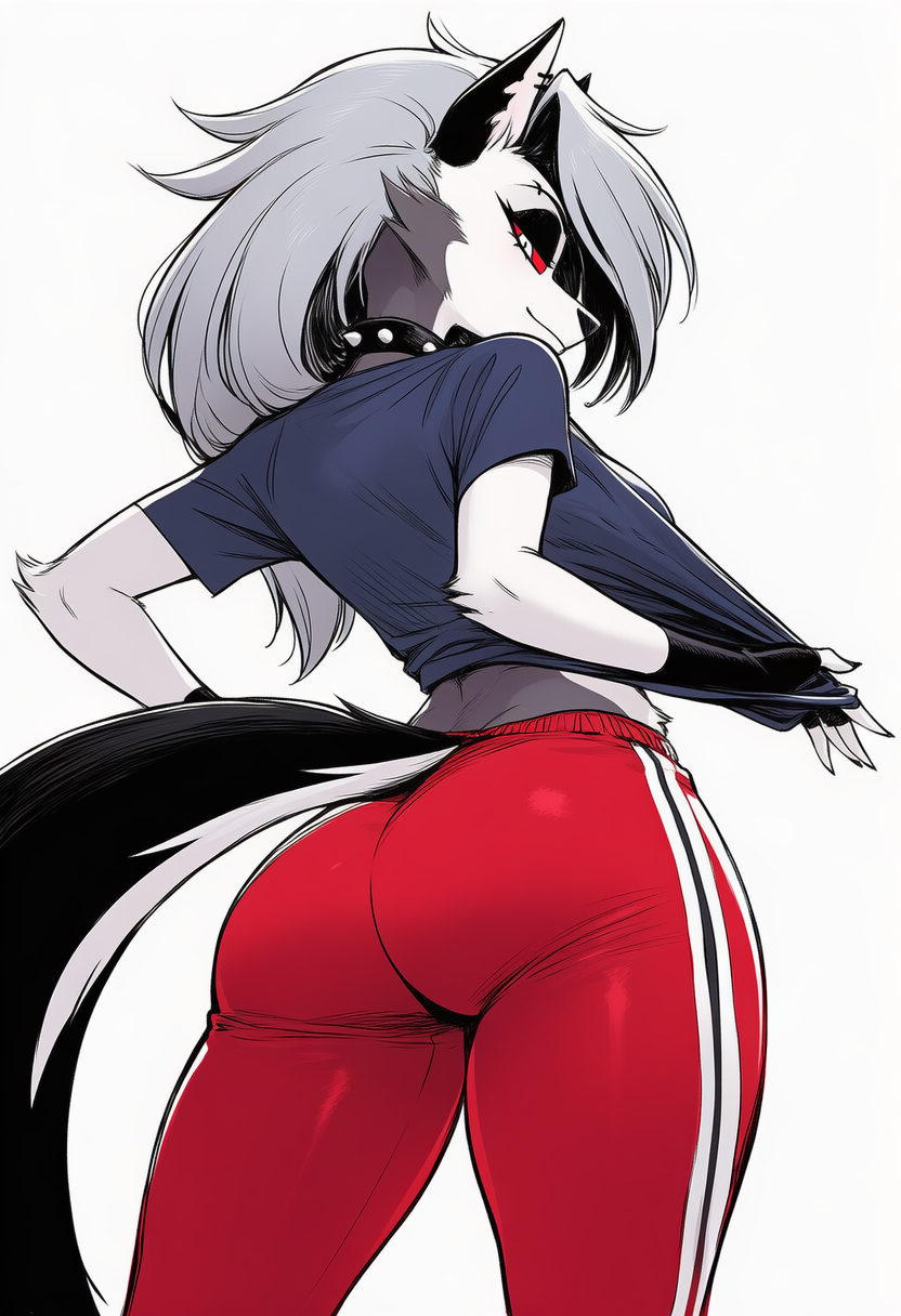 1girls, ai generated, anthro, ass, big ass, bubble ass, bubble butt, butt, buttzz87, canine, demon, demon girl, ear piercing, ears, female, fingerless gloves, furry, goth, goth girl, grey body, grey fur, grey hair, gym, gym uniform, hellhound, helluva boss, long hair, looking at viewer, looking back, loona (helluva boss), pants, red sclera, shirt, smile, spiked collar, tagme, tail, tight clothes, tight clothing, tight fit, two-tone body, two-tone fur, two-tone tail, white body, white eyes, white fur, wolf, wolf girl