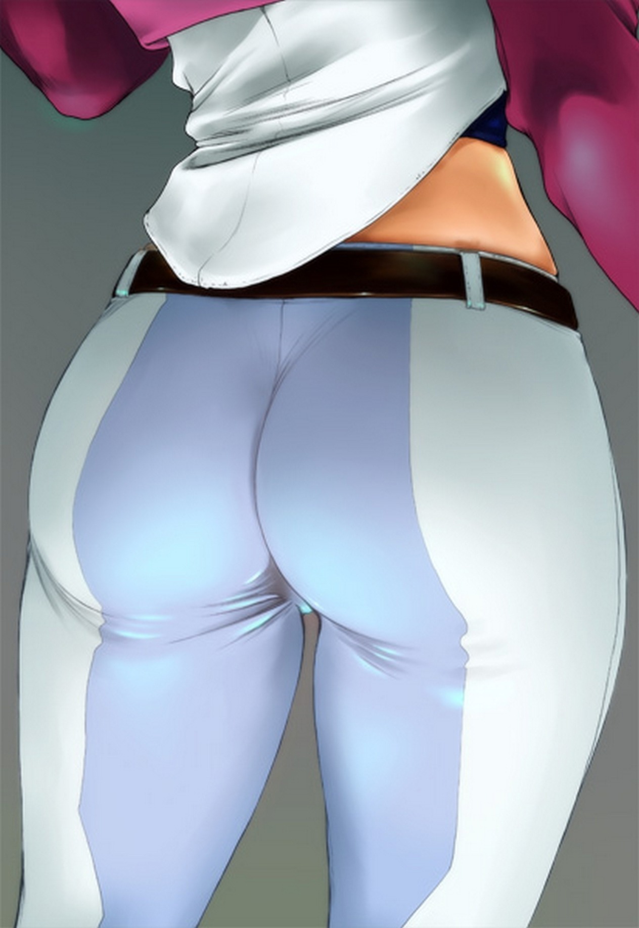 artist request, ass, belt, female, grey background, gundam, gundam 00, plump ass, solo, sumeragi lee noriega, thighs