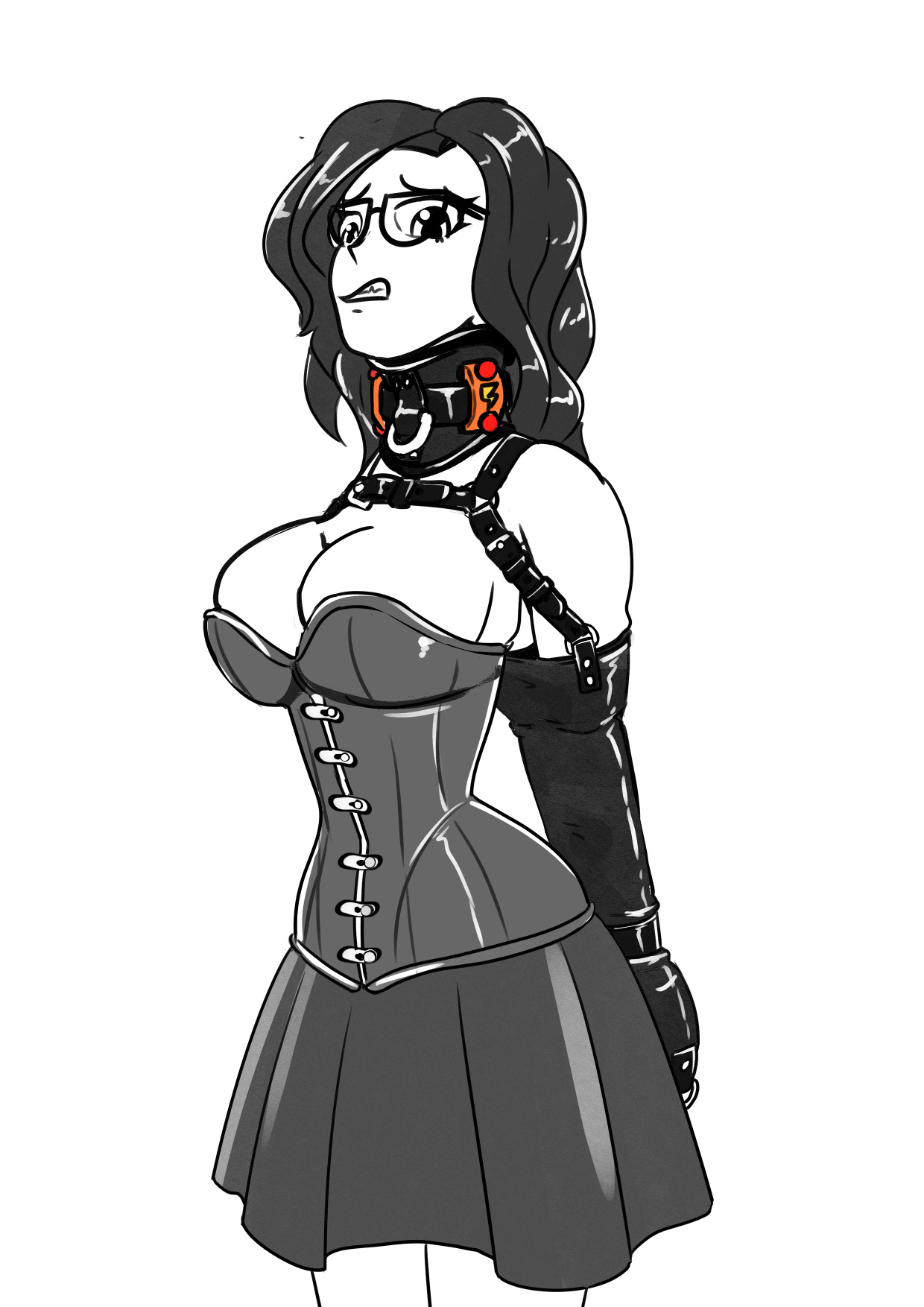 1girls, armbinder, arms behind back, bondage, bound, bound arms, cleavage, collar, corset, female, female only, femsub, glasses, hourglass figure, plasma-dragon, posture collar, shock collar, simple background, skirt, small waist, tightlacing, white background
