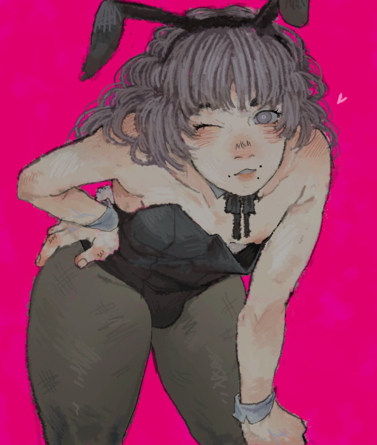1girls, bulge, bulge through clothing, bulge under clothes, bunny costume, bunny ears, bunny ears (cosmetic), bunny tail, bunnysuit, clothed, clothes, clothing, fear and hunger, fear and hunger: termina, flat chest, flat chested, leaning, leaning forward, leotard, leotard spandex, luthiii, marina (fear and hunger), seductive, seductive look, solo, solo futa, trans woman, transgender, transgender woman, transgender woman (lore), wink, winking, winking at viewer
