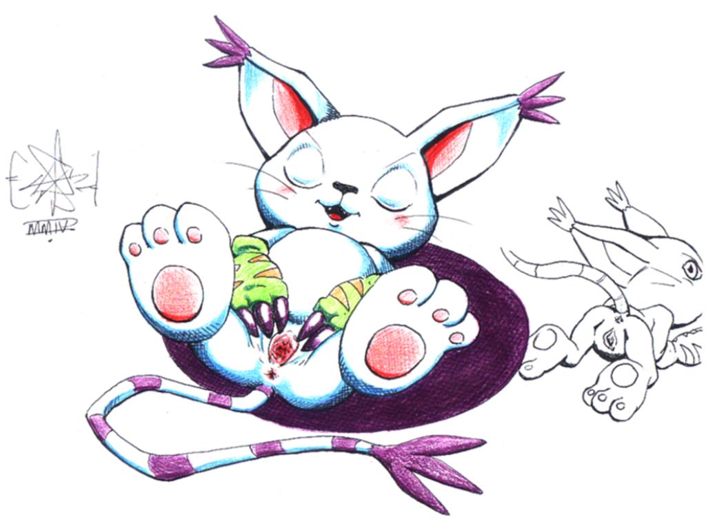 anus ass black_nose closed_eyes color digimon female female_only fur furry furry_ass furry_ears furry_tail gatomon pointy_ears purple_fur pussy sawblade_(artist) solo tail white_background