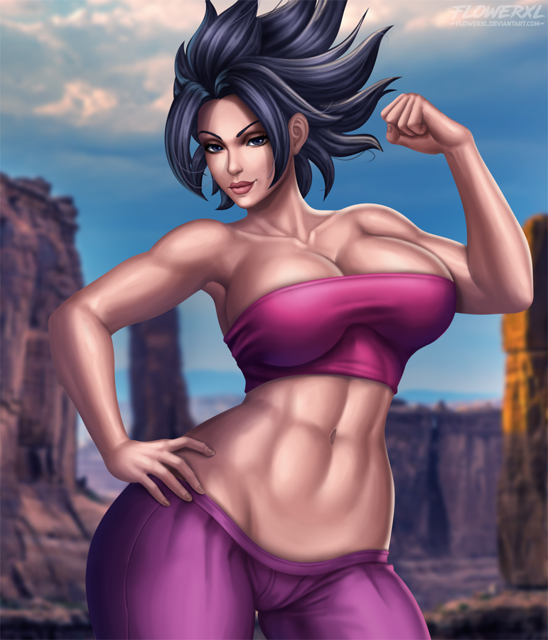 abs, big breasts, black eyes, black hair, breasts, caulifla, cleavage, dragon ball, dragon ball super, female, flowerxl, large breasts, light skin, light-skinned female, long hair, looking at viewer, muscles, muscular, muscular female, saiyan, solo, spiky hair