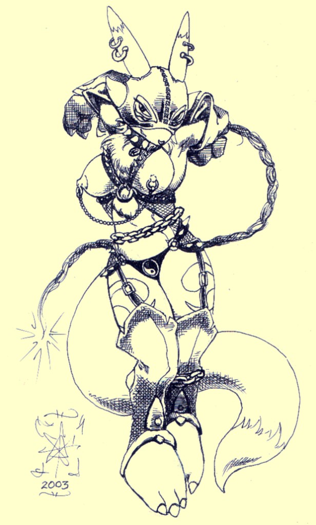 2003 anthro breasts chains digimon female female_only front_view fur furry harness leather_mask masked masked_female monochrome nipple_chain nipple_piercing piercing renamon sawblade_(artist) solo solo_female spiked_collar tagme thong