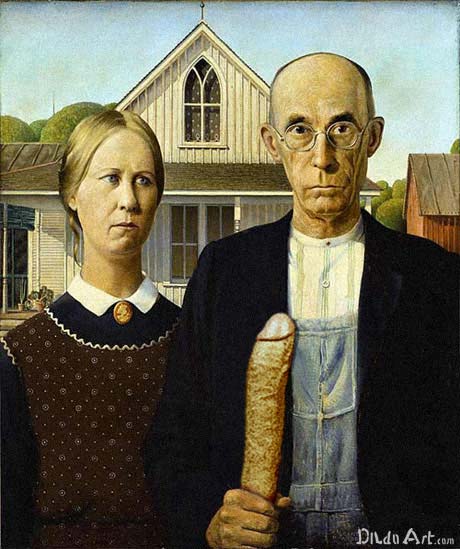 american_gothic art bespectacled cameo edit fine_art_parody glasses grant_wood long_dildo overalls realistic straight tagme