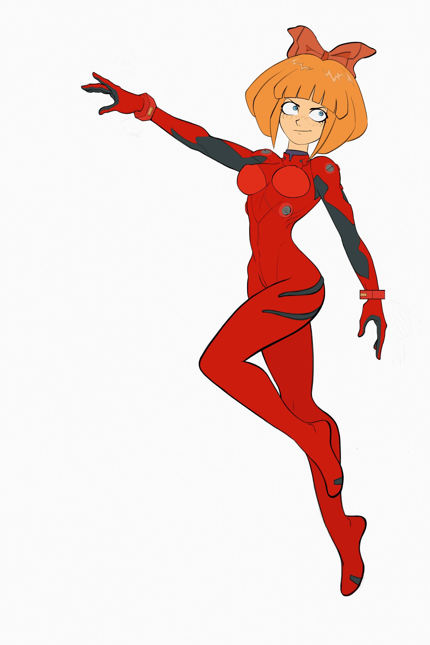 apopfonz, asuka langley sohryu (cosplay), blue eyes, freckles, looking away, mymy schoppenboer, neon genesis evangelion, ongezellig, orange hair, skin tight, tagme, white background