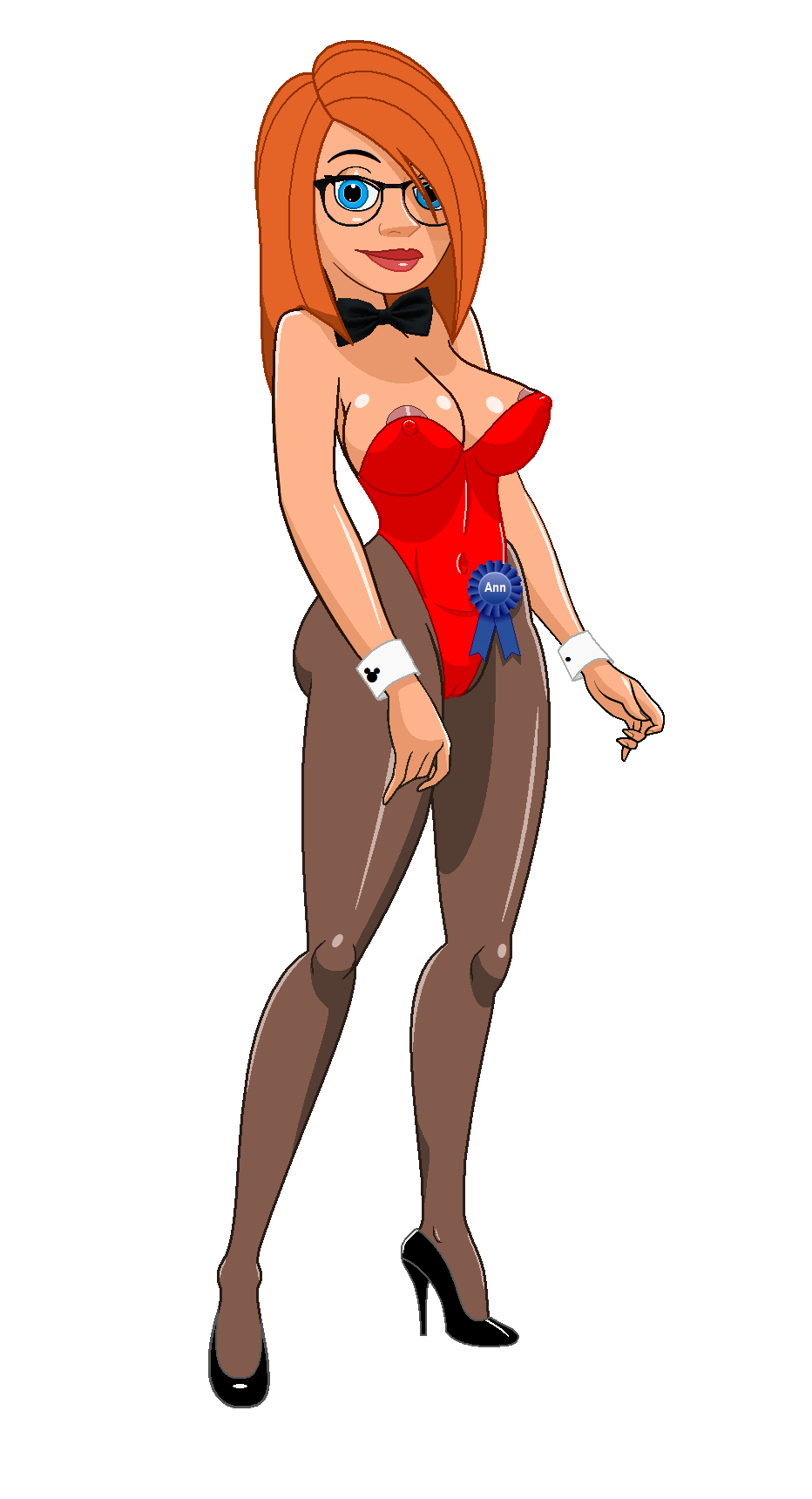 1girls ann_possible areola_slip bare_shoulders big_breasts blue_eyes bow bracelet bunnysuit busty cleavage curvy disney erect_nipple erect_nipples eyeliner female female_only fnbman front_view glasses hair_over_one_eye high_heels hourglass_figure human kim_possible large_breasts leotard looking_at_viewer makeup mature milf mother nipple_bulge orange_hair pantyhose ribbon shiny shiny_skin simple_background solo standing straight_hair text voluptuous white_background wide_hips