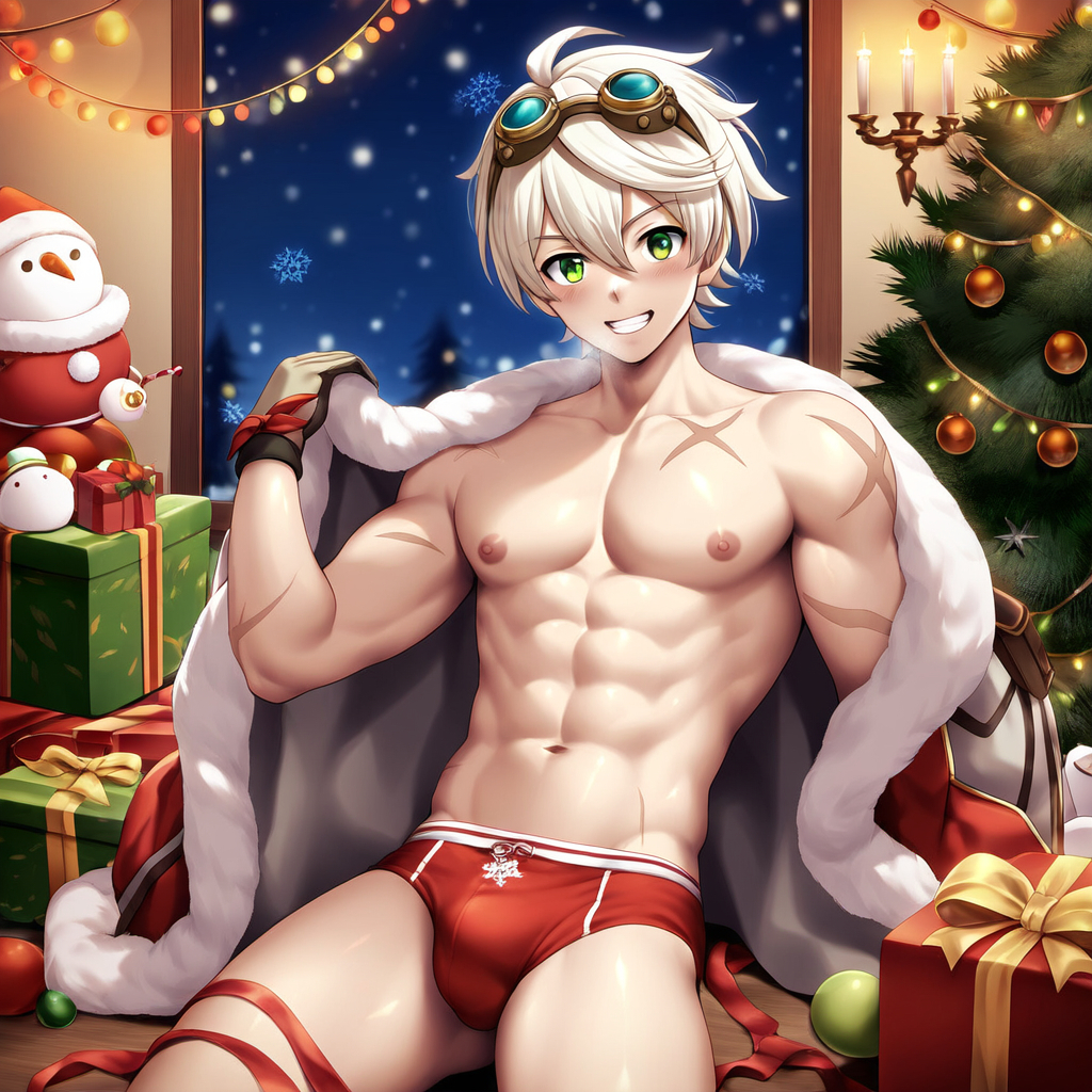 1boy abs ai_generated bennett_(genshin_impact) bulge bulge_through_clothing christmas christmas_decorations christmas_present christmas_tree genshin_impact gift_box goggles goggles_on_head green_eyes male male_focus muscular muscular_male red_underwear scar shirtless shirtless_male solo_male speedo toned toned_body toned_male toned_stomach underwear