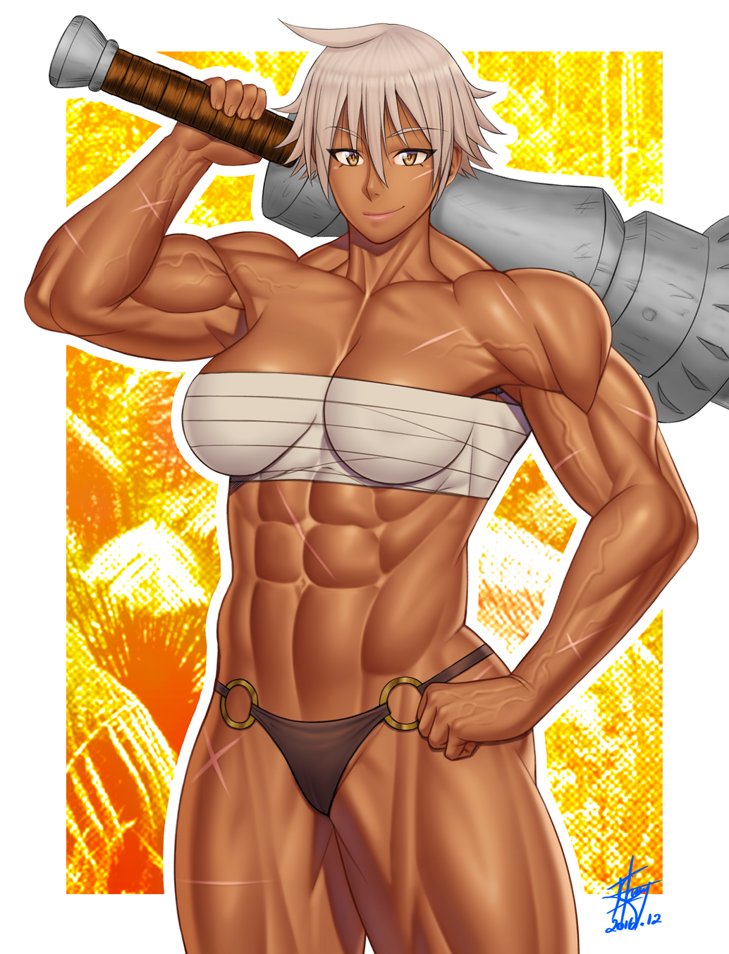 abs breasts club ero-chong female female_only muscles muscular_female navel scars smile solo thong veins weapon white_hair yellow_eyes