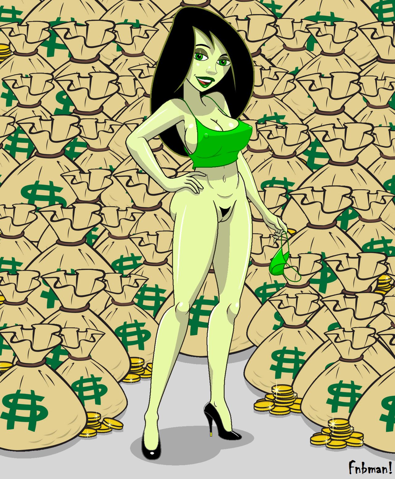 1girls artist_name bag bare_shoulders barefoot big_breasts black_hair bottomless busty cleavage curvy detailed_background disney english_text erect_nipple erect_nipples eyeliner eyeshadow female female_only fnbman front_view green_eyes green_lipstick green_nipples green_panties green_skin hairy_pussy half-dressed half_dressed hand_on_hips hands_on_hip hands_on_hips high_heels holding_object hourglass_figure human innie_pussy kim_possible lipstick long_hair looking_at_viewer makeup naked nude open_mouth pubes pubic_hair pussy shadow shego shiny shiny_skin simple_background solo standing text thong tube_top tubetop underwear voluptuous wide_hips