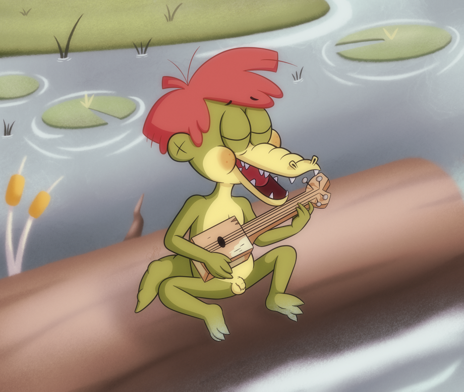 alligator alligatorid arlo_beauregard balls banjo_(instrument) crocodilian genitals guitar lily_pad log male musical_instrument penis plant playing_guitar playing_music plucked_string_instrument reptile scalie solo string_instrument swamp tribalturtle wood