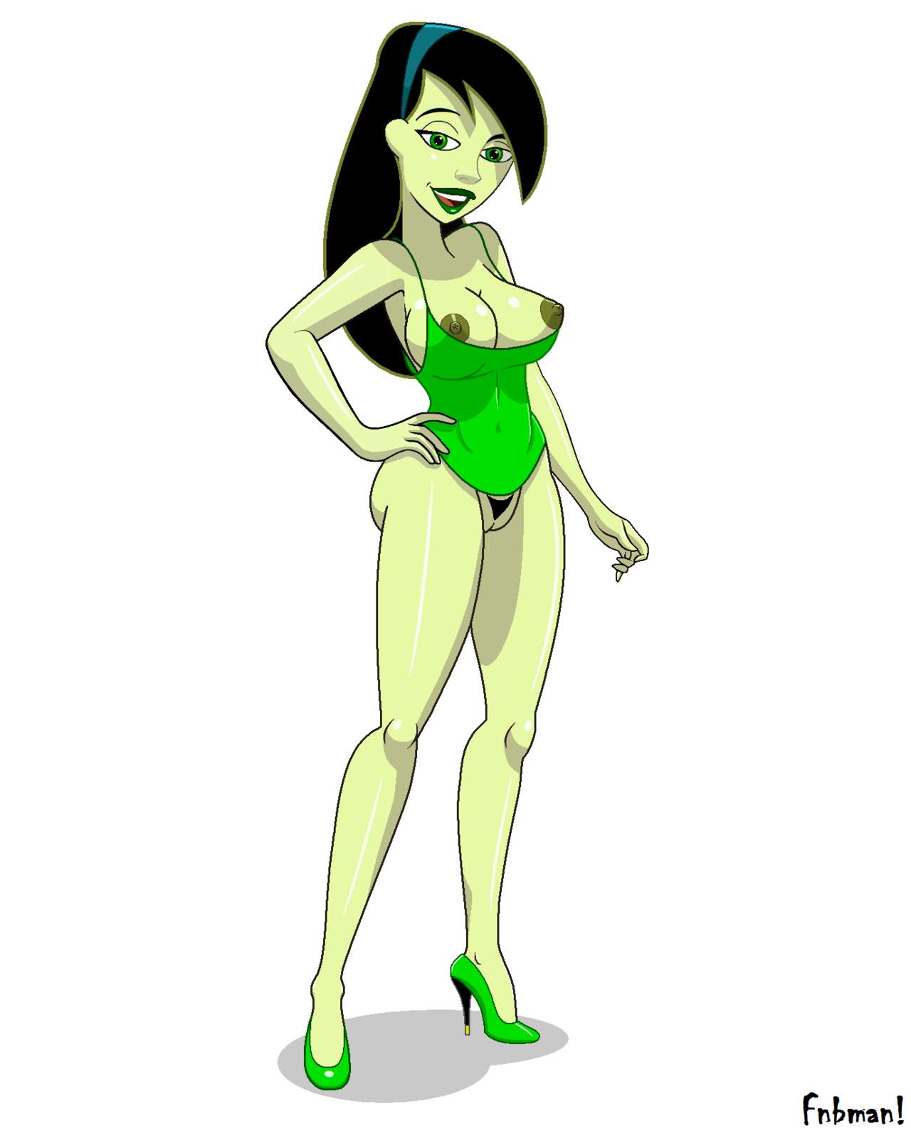 1girls alternate_version_available artist_name bare_shoulders big_breasts black_hair bottomless breast_outside breasts busty cleavage curvy disney disney_channel erect_nipple erect_nipples eyeliner eyeshadow female female_only fnbman front_view green_eyes green_lipstick green_nipples green_skin hair_ornament hairband hairy_pussy half-dressed half_dressed hand_on_hips hands_on_hip hands_on_hips high_heels hourglass_figure human kim_possible lipstick long_hair looking_at_viewer makeup miss_go naked nipples nude open_mouth pose posing pubes pubic_hair pussy shadow shego shiny shiny_skin simple_background solo standing text voluptuous white_background wide_hips