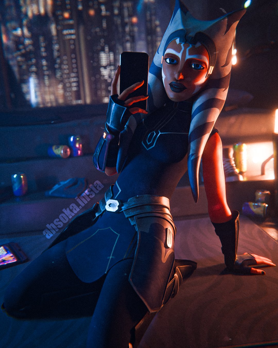 1girls 2025 3d 3d_(artwork) ahsoka_tano ahsokainsta airress3d_(3d-modeller) alien alien_girl alien_humanoid athletic athletic_female bed bed_sheet bedroom blender blue_eyes clone_wars face_markings facial_markings female female_focus female_only hi_res highres holding_phone lekku lekku_(anatomy) on_bed on_knees orange_body orange_skin phone pose posing star_wars the_clone_wars:_season_seven togruta watermark