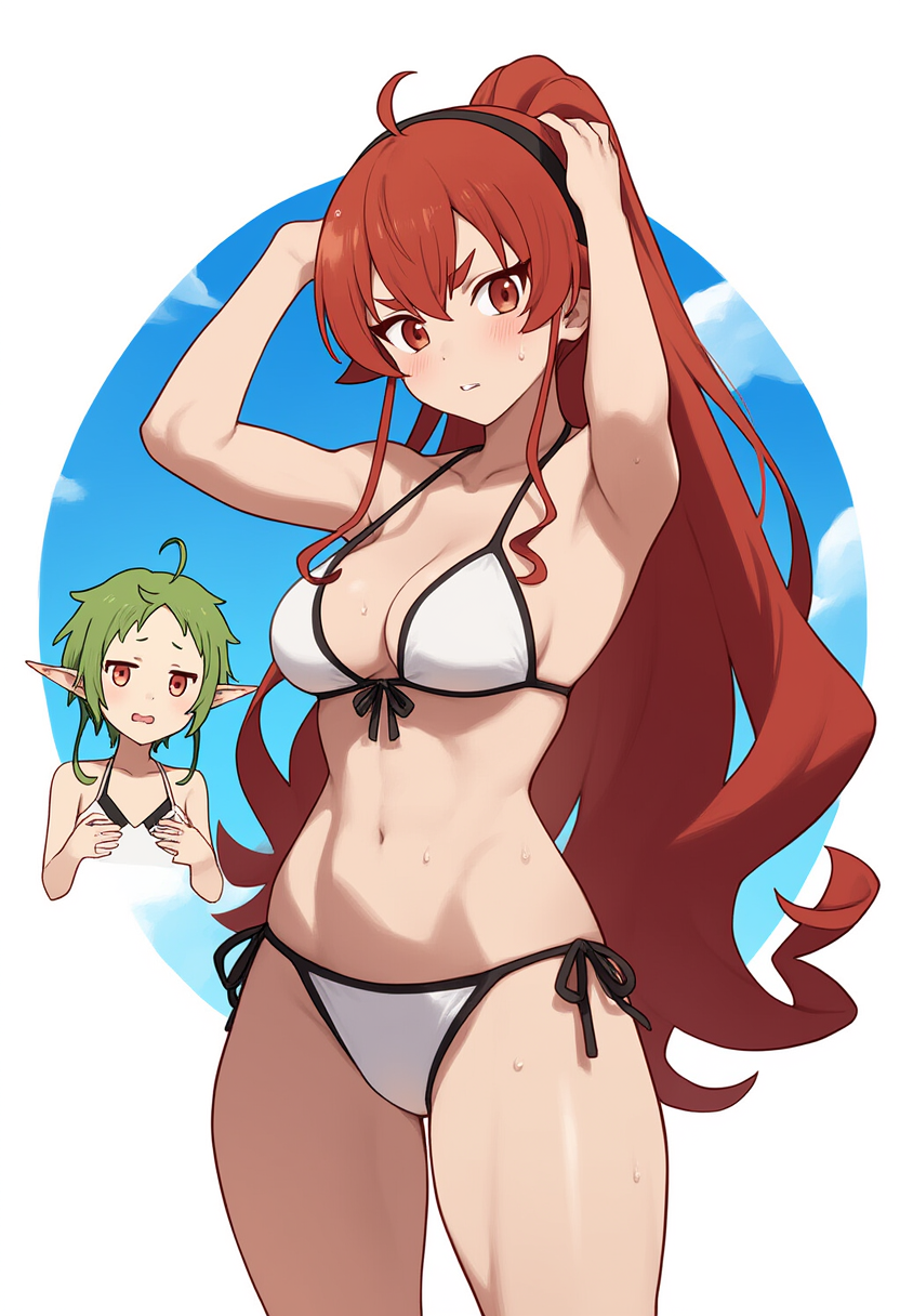 ai_generated arms_up background blush breast_envy elf elf_ears elf_female elf_girl eris_greyrat flat_chest front-tie_bikini front-tie_top green_hair highres human long_hair medium_breasts mushoku_tensei nai_diffusion one-piece_swimsuit red_eyes red_hair rubycks short_hair side-tie_bikini sylphiette_(mushoku_tensei) toned toned_female wet wet_skin white_bikini