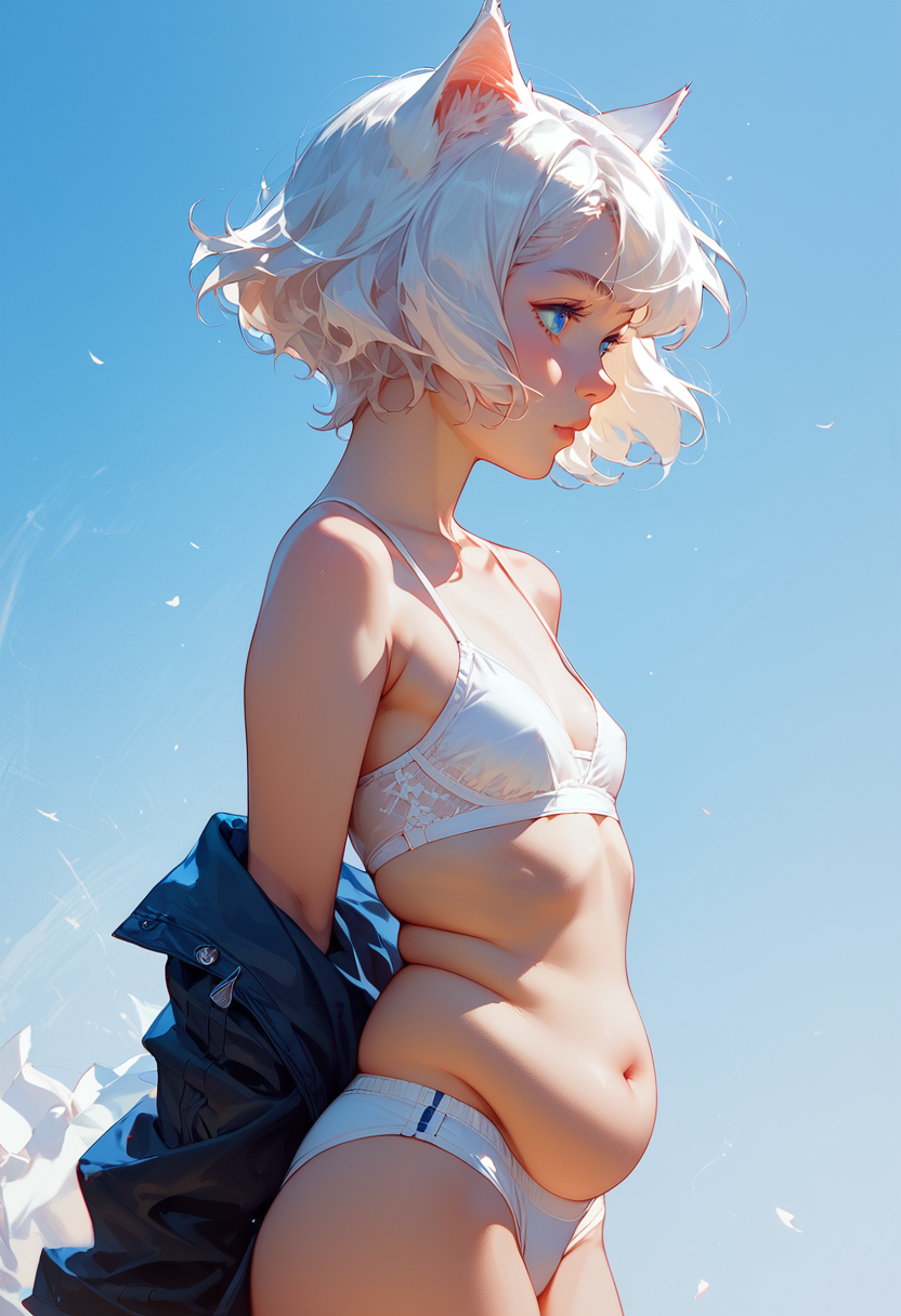 ai_generated catgirl chubby female lingerie white_hair