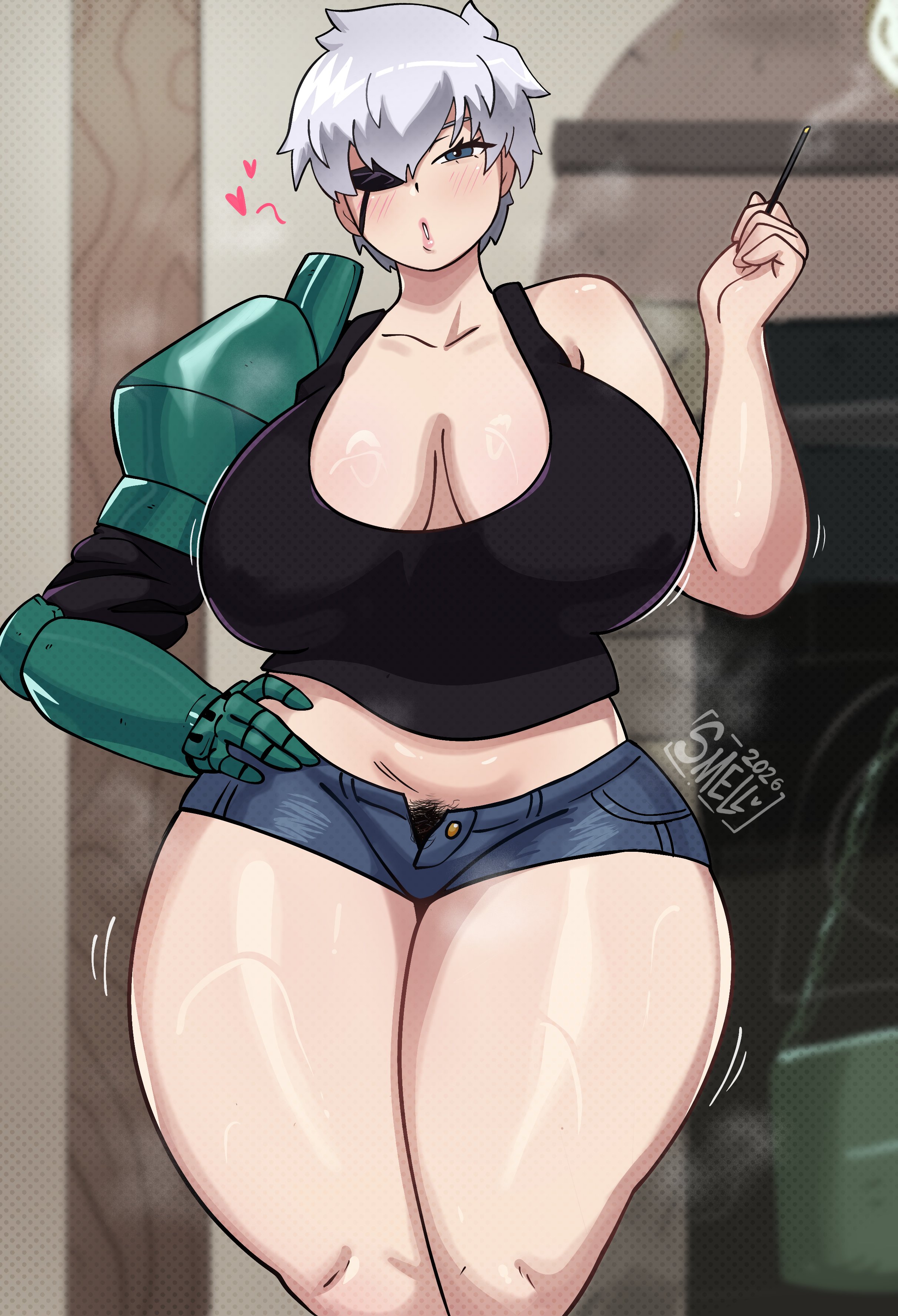 akame ga kill!, artist logo, artist name, belly, big breasts, cigarette, eyepatch, female, female focus, female only, hairy, hairy pussy, hand on hip, large breasts, legs, light skin, light-skinned female, najenda (akame ga kill!), presenting pussy, prosthetic, pubes, pubes exposed, pubic hair, pubic hair peek, short hair, smell cheese, smoke, smoking, smoking cigarette, solo, solo female, solo focus, square enix, thick, thick legs, thick lips, thick thighs, tomboy, very short hair, white hair