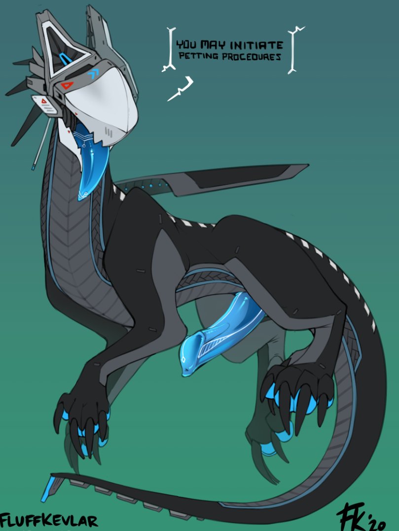 1boy 2023 2d android blue_penis blue_tongue claws dialogue dragon eyeless feral fluff-kevlar male male_only reptile robot simple_background solo text tongue_out vst_(fluff-kevlar)