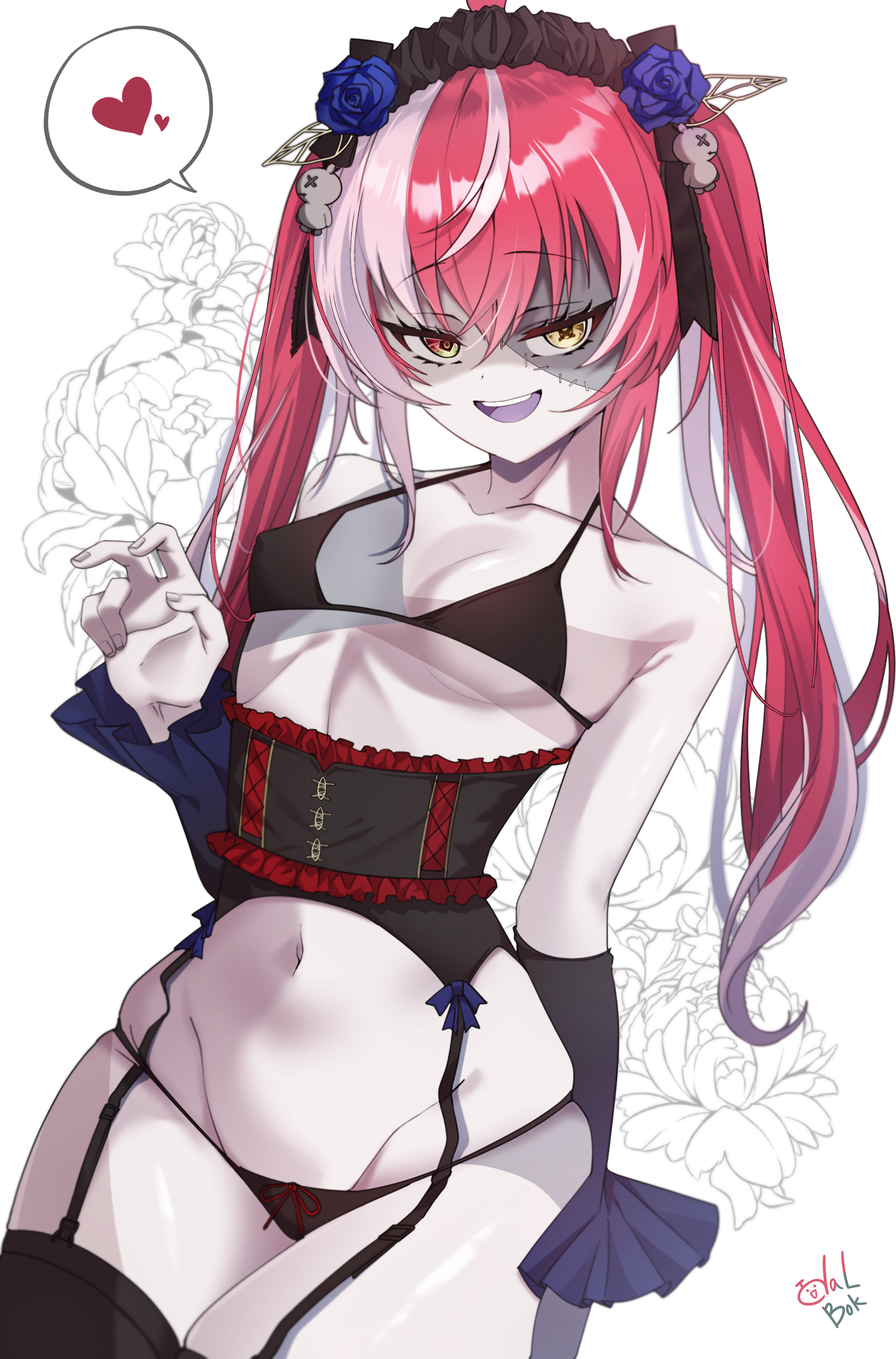 1girls, belly button, black bra, black panties, bra, breasts, clothed, clothing, detached sleeves, eyebrows visible through hair, female, female only, goth, goth girl, headdress, heterochromia, hololive, hololive indonesia, hololive indonesia holoro, kureiji ollie, lingerie, lingerie only, looking at viewer, monster girl, open mouth, panties, patchwork skin, red eye, red hair, seductive, small breasts, solo, spoken hearts, todalbok, twintails, virtual youtuber, yellow eye, zombie, zombie girl