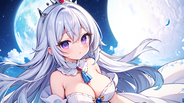 1girls aegis_elysium ai_art ai_generated armor blush blushing_at_viewer breasts cleavage crown dress elbow_gloves female_armor female_focus gem gloves hair_ornament headpiece highres huge_breasts indoors jewelry large_breasts leaning_forward long_hair looking_at_viewer moon moonlight navel night original_character patreon patreon_username princess purple_eyes silver_hair sky solo solo_focus starry_background starry_sky thick_thighs thighs tiara very_long_hair