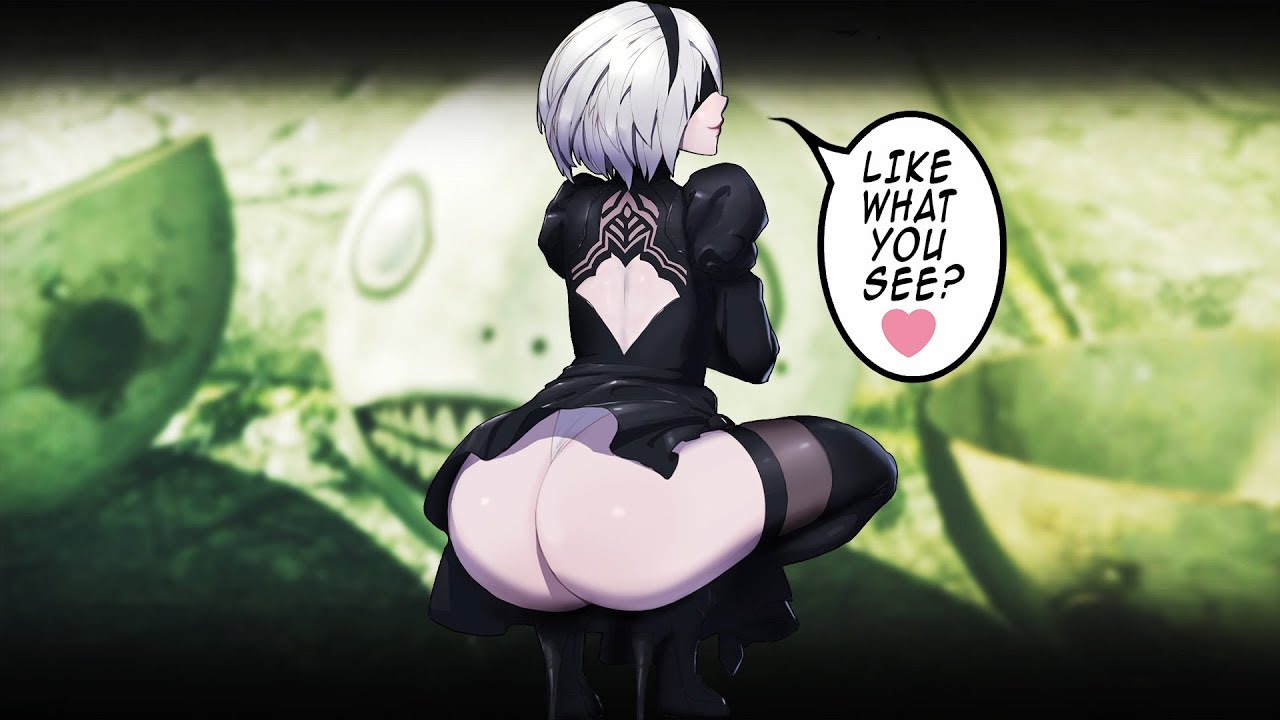 artist request, ass, big ass, big butt, blindfold, crouching, female, heart, high heels, looking at viewer, looking back, nier, nier: automata, panties, squatting, tagme (artist), talking to viewer, text, white hair, yorha 2b