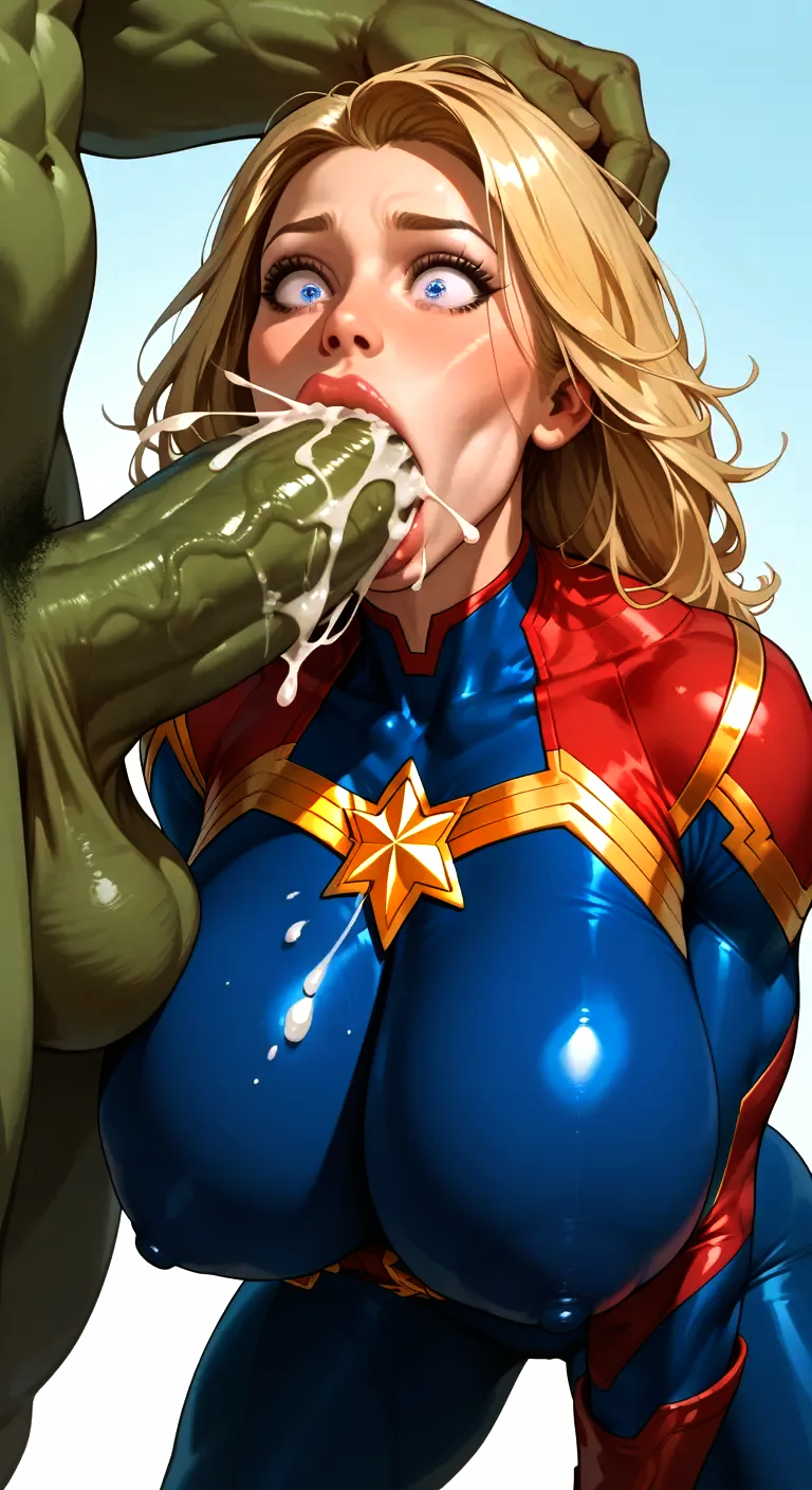 ai_art ai_assisted ai_generated blonde_female blonde_hair blonde_hair_female blowjob blowjob_face captain_marvel cum_in_mouth cum_inside cumshot fellatio forced_oral hulk marvel marvel_comics ms._marvel oral_insertion oral_penetration oral_sex sucking