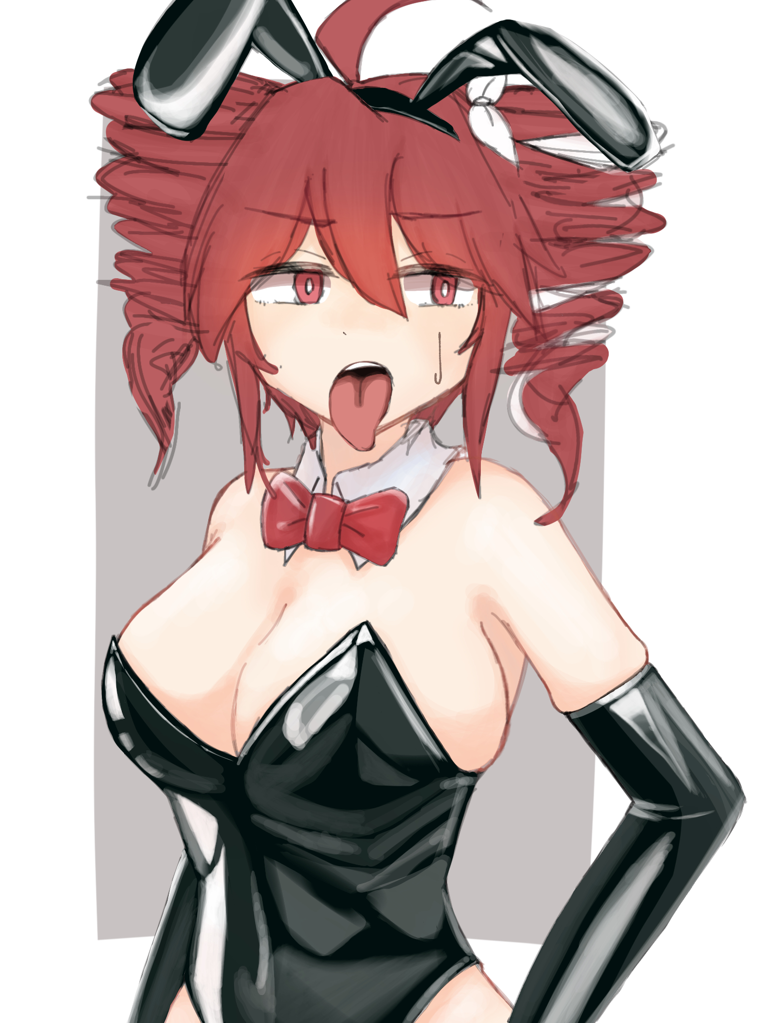 1girls, 2d, 2d (artwork), artist request, big breasts, breasts, bunny ears, bunny girl, bunnysuit, cleavage, female, female only, hair ornament, hairbow, huge breasts, kasane teto, kasane teto (sv), large breasts, latex, latex armwear, latex suit, red eyes, red hair, solo, solo female, suggestive look, synthesizer v, tongue, tongue out, twin drills, utau, wasanpon ama