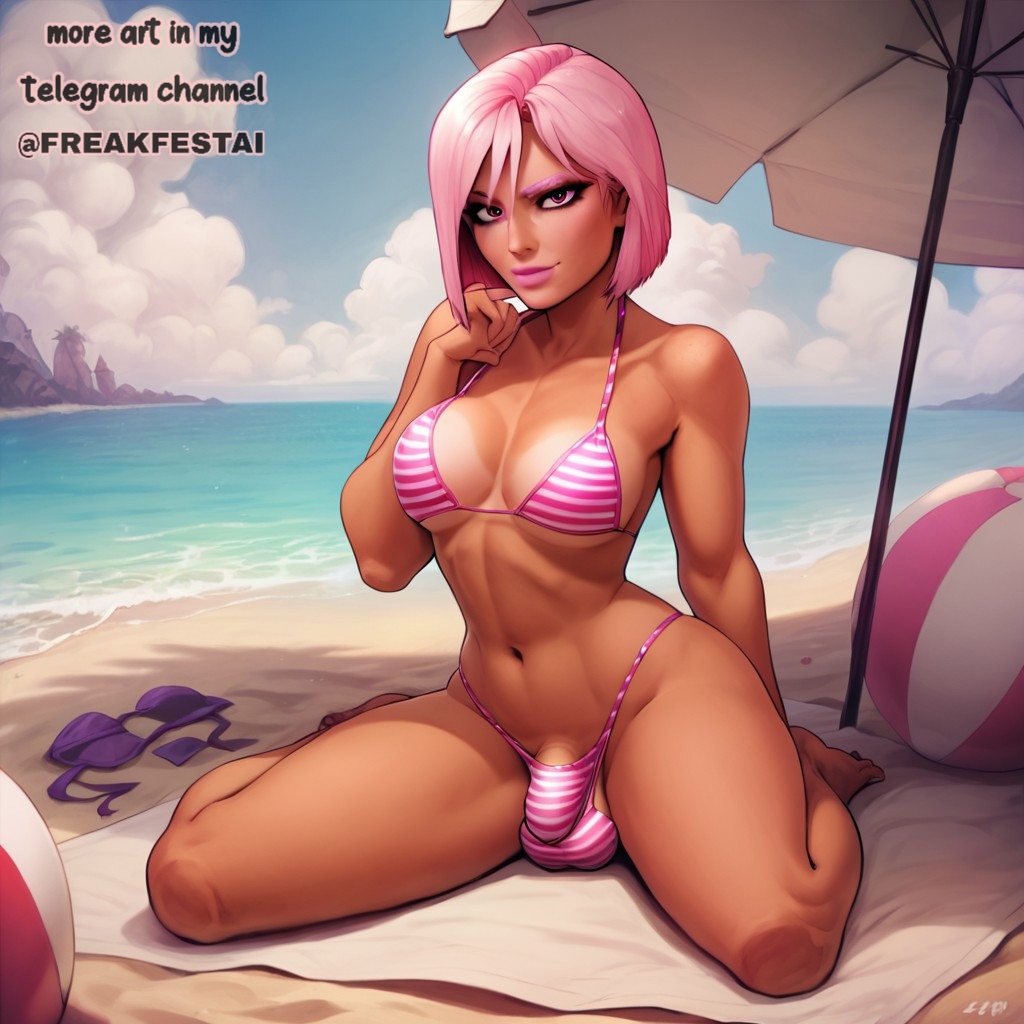 ai_generated balls balls_in_panties beach bikini bra dick dickgirl freakfestai futa_only futanari looking_at_viewer penis penis_in_panties pink_eyes pink_hair sea seaside seductive seductive_look seductive_pose seductive_smile sitting solo solo_dickgirl solo_futanari tan_body tan_skin umbrella