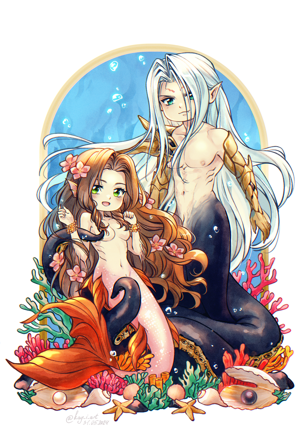 1boy 1girls aerith_gainsborough antagonist_with_protagonist breasts elena_ivlyushkina female final_fantasy final_fantasy_vii final_fantasy_vii_remake flower_in_hair green_eyes heroine_and_antagonist kay-i long_hair long_hair_male male male/female marine_humanoid mermaid mermaid_girl mermaid_tail octopus_boy octopus_humanoid octopus_tentacle sephiroth silver_hair square_enix straight tentacle topless topless_female topless_male underwater villain villain_on_heroine