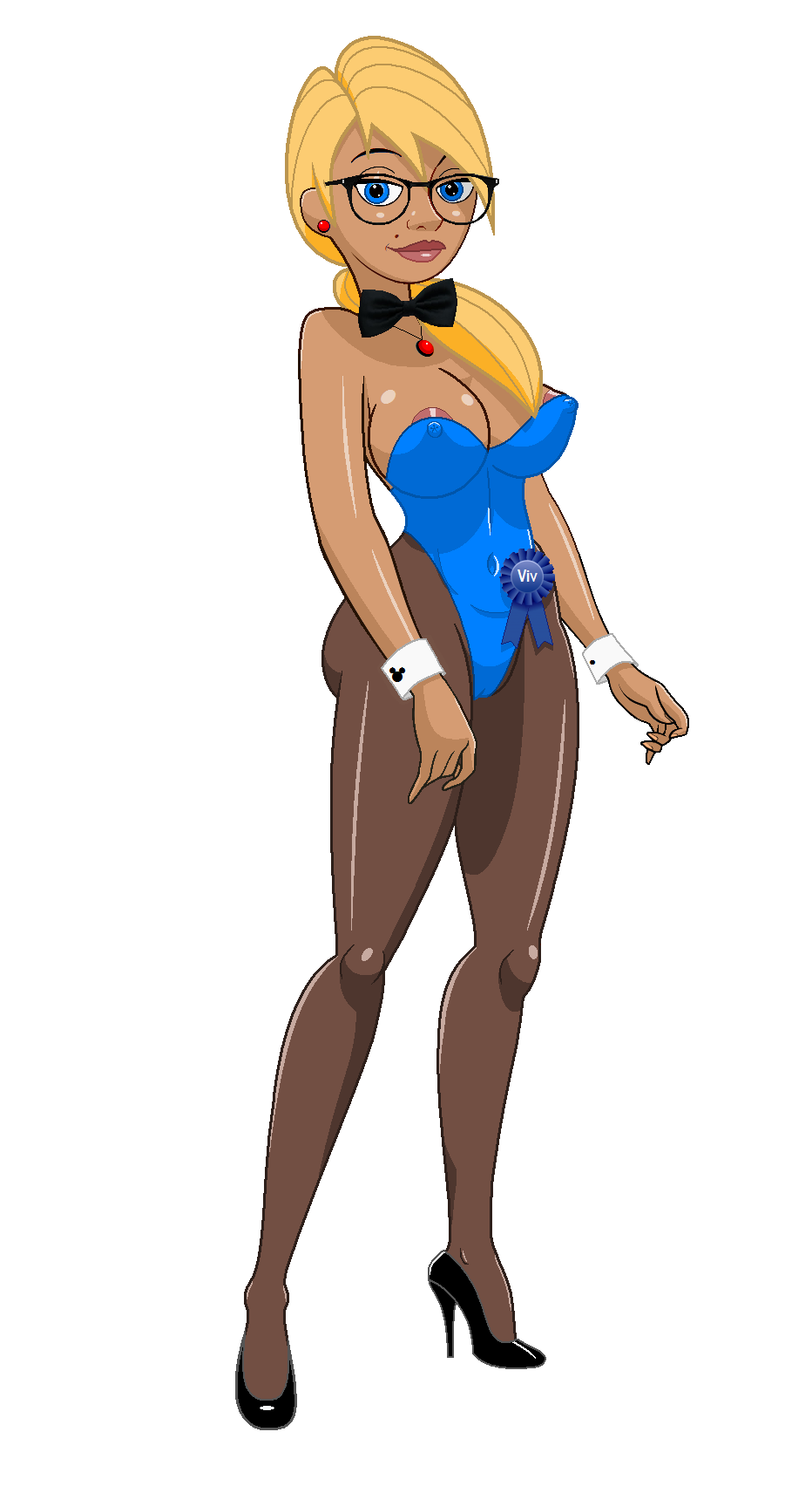 1girls areola_slip bare_shoulders beauty_mark big_breasts blonde_hair blue_eyes bow bowtie bracelet brown_hair bunnysuit busty cleavage curvy disney disney_channel ear_piercing earrings erect_nipple erect_nipples eyeliner female female_only fnbman front_view glasses high_heels hourglass_figure human kim_possible large_breasts leotard long_hair looking_at_viewer makeup mole necklace nipple_bulge pantyhose ribbon shiny shiny_skin simple_background solo standing text vivian_porter voluptuous white_background wide_hips yellow_hair