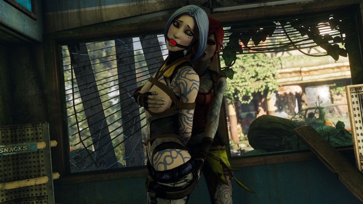 2girls, 3d, arms behind back, ass, ass grab, ball gag, ballgag, blue hair, blue lipstick, body markings, bondage, borderlands, borderlands 2, bound, bound arms, breast grab, breasts, female, female only, femdom, femsub, forced, forced yuri, gag, gagged, gamebondage, grabbing from behind, groping, lilith (borderlands), looking back, maya (borderlands), multiple females, multiple girls, red ball gag, red hair, redhead, rope, rope bondage, siren (borderlands), siren markings, tattoo, tied up, yuri