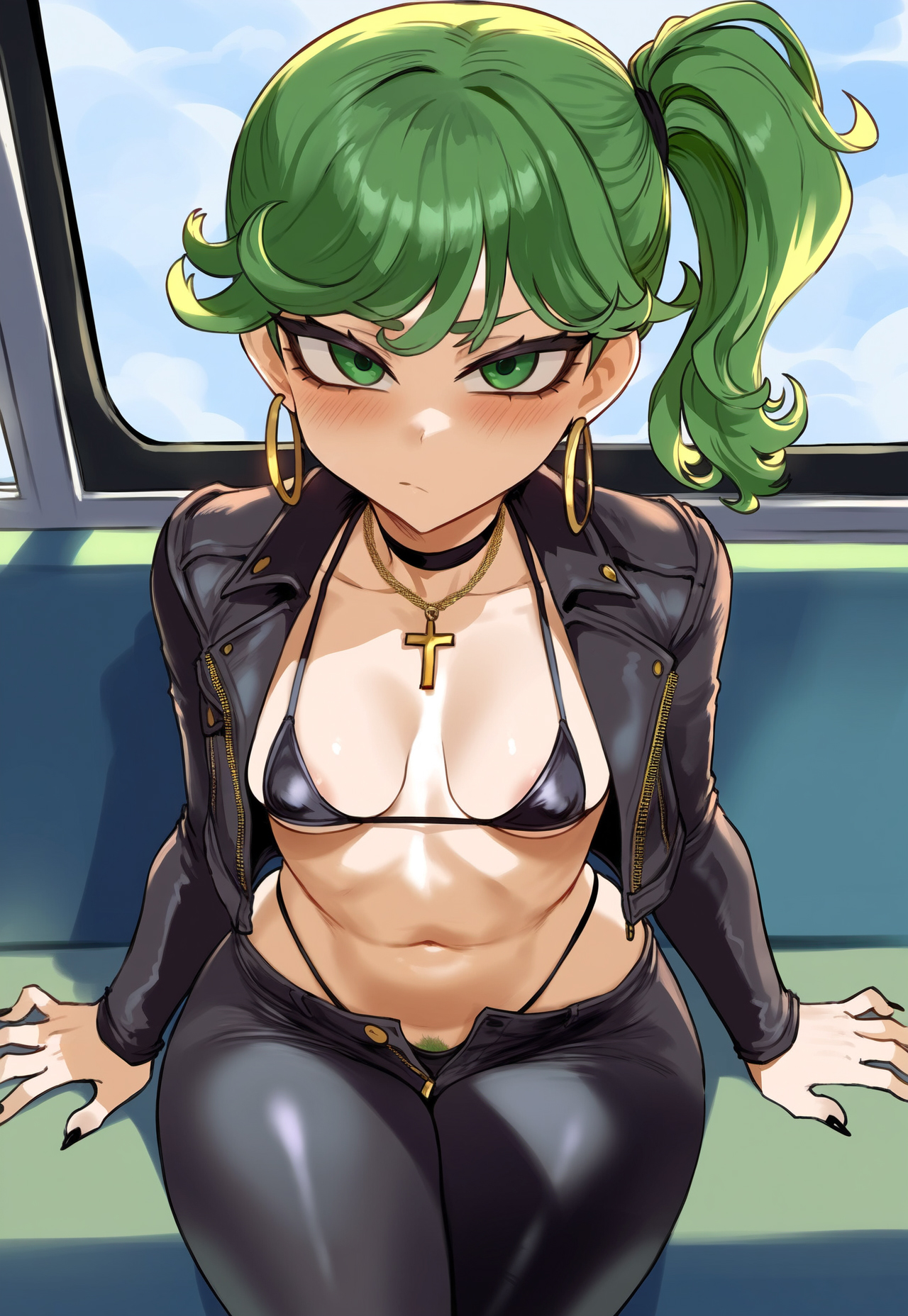 ai generated, alternate costume, alternate hairstyle, areola, areola slip, areolae, bikini, black nails, blush, breasts, cross necklace, earrings, female, from above, green eyes, green hair, hoop earrings, jagat ai, jewelry, leather clothing, leather jacket, leather pants, necklace, one-punch man, pubic hair, pubic hair peek, public, public exposure, public transportation, sitting, small breasts, solo, solo female, tatsumaki, unzipped