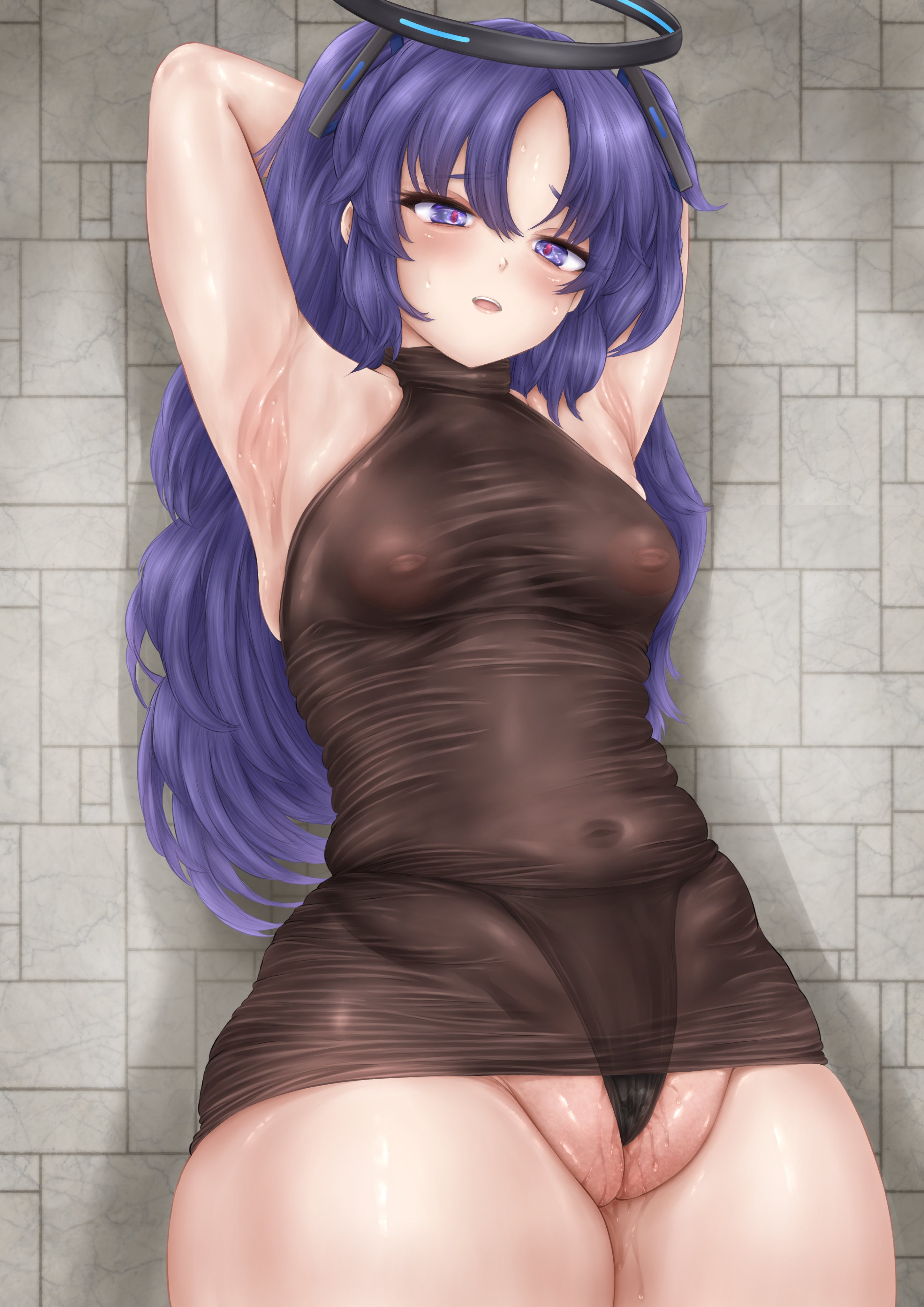 1girls, areolae, areolae visible through clothing, belly button, belly button visible through clothing, black panties, blue archive, blush, cat of ulthar, clothed, clothing, dress, female, female only, heart-shaped pupils, indoors, light skin, light-skinned female, looking at viewer, millennium science school student, nipples, nipples visible through clothing, panties, purple eyes, purple hair, room, see-through, see-through clothing, seminar (blue archive), solo, symbol-shaped pupils, yuuka (blue archive)