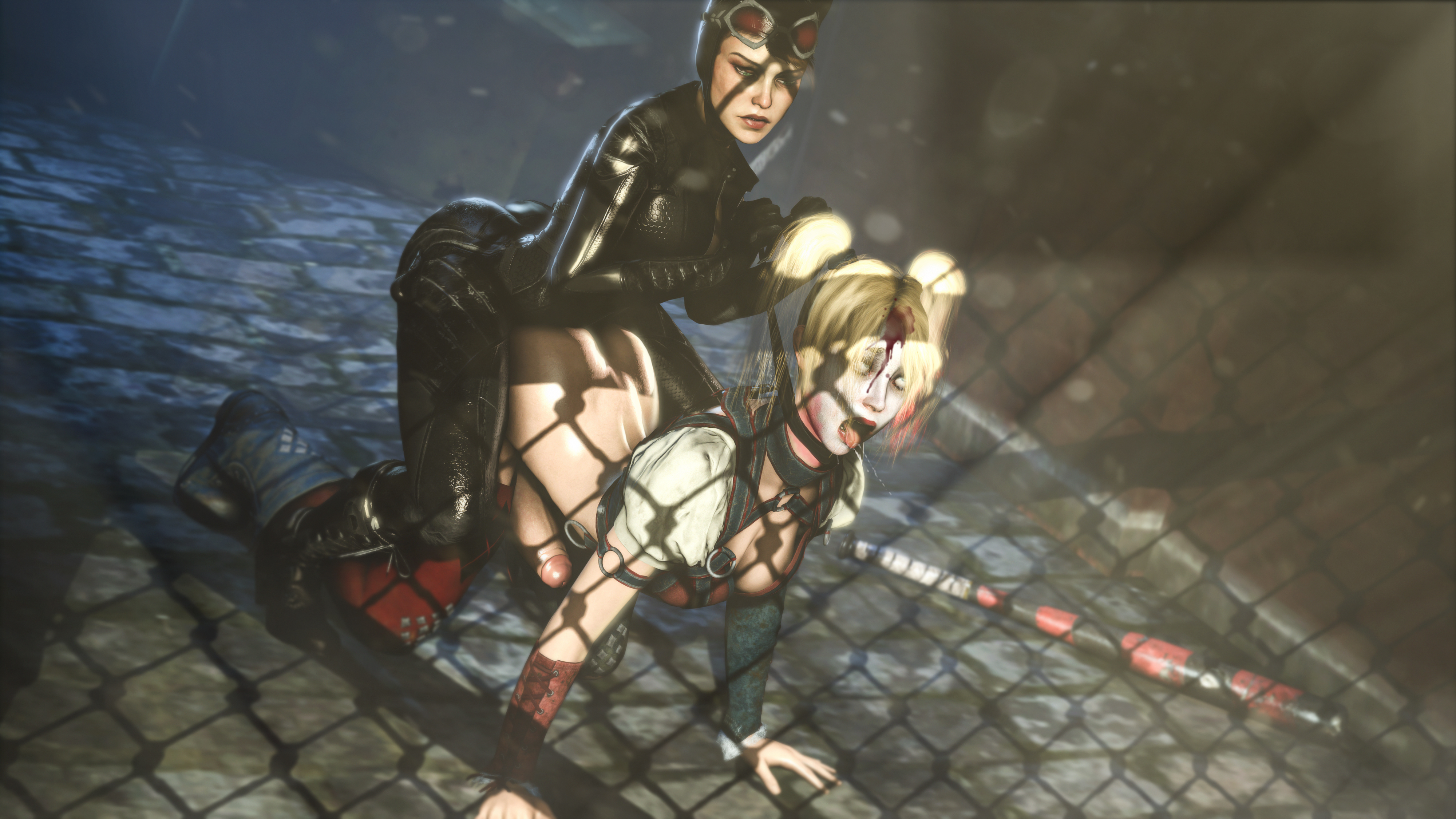 3d, absurdres, all fours, asphyxiation, batman (series), batman: arkham knight, big penis, blood, breasts, catwoman, catwoman (arkham knight), catwoman (arkham), choking, cleavage, collar, dc, dc comics, dickgirl, erection, futa on futa, futanari, harley quinn, harley quinn (arkham knight), harley quinn (arkham), highres, implied futa, intersex, large penis, leash, leash pull, mitrild-sfm, penis, selina kyle, source filmmaker, strangling