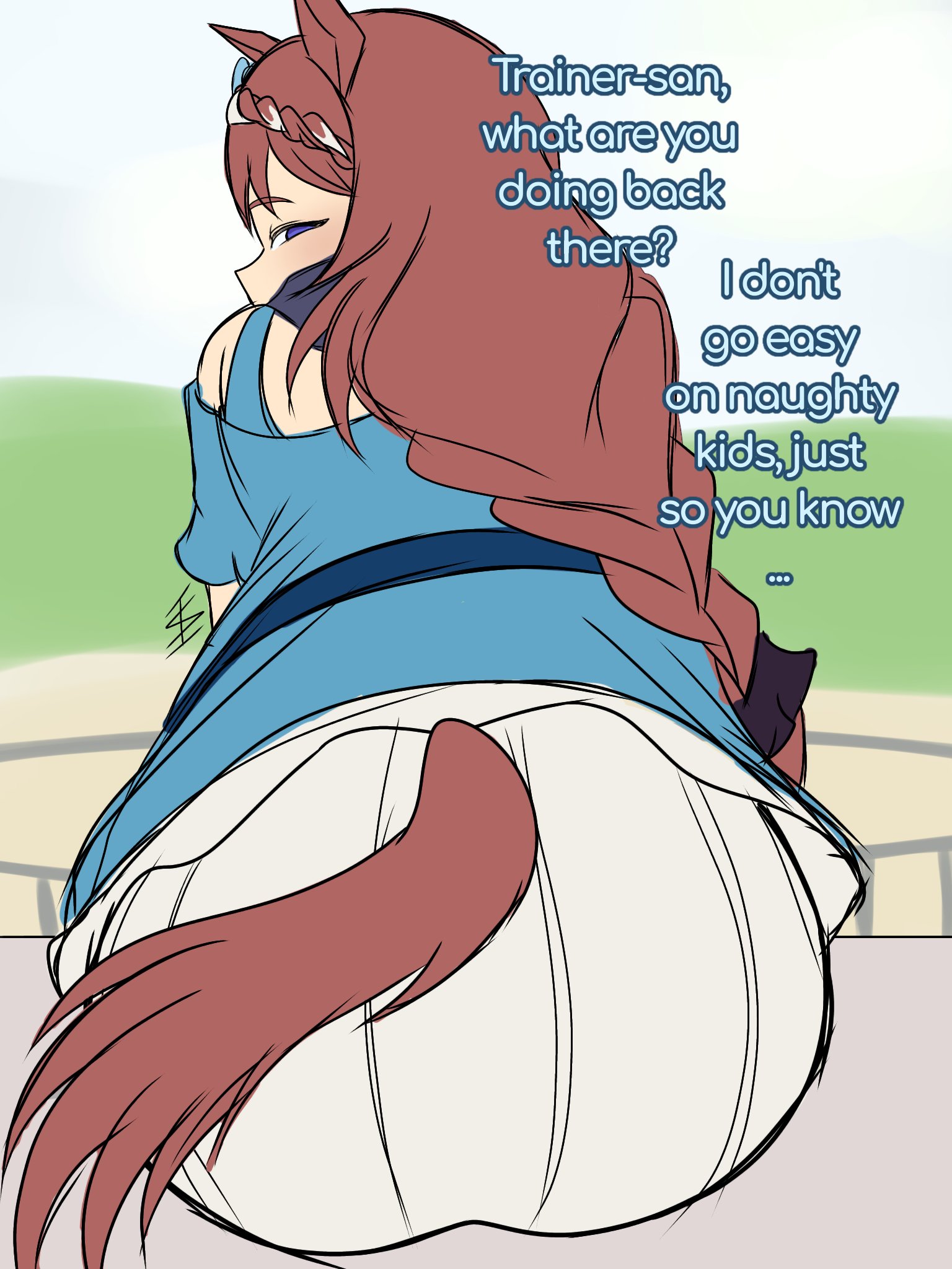 artist request, ass, ass focus, big ass, big butt, blue clothing, blue eyes, brown hair, brown tail, butt, clothed, clothed female, clothing, dialogue, english text, female, female only, horse ears, horse girl, horse tail, light skin, light-skinned female, long hair, looking at viewer, looking back, pov, sitting, solo, solo female, super creek (murmuring stream) (umamusume), super creek (umamusume), talking to viewer, text, umamusume, white clothing