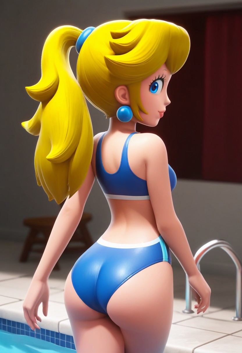 ai_generated ass bikini blonde_hair blue_earrings blue_eyes blue_swimsuit female lips looking_at_viewer nintendo ponytail princess_peach sidelocks smile tpgg_(ai_generator)