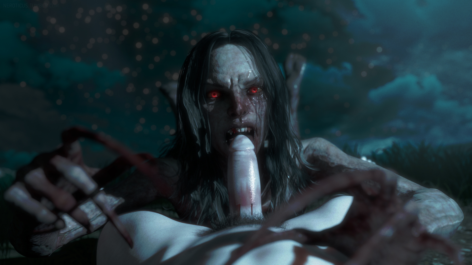 1boy, 1girls, 2016, 3d, bite mark, bite marks, biting, black hair, blender, bruxa, cd projekt red, claws, cloud, erection, feet, female, grass, grey skin, hair, hairy, human, interspecies, long hair, looking at viewer, male, male pov, neroticus, night, nose, nude, on stomach, open mouth, outdoors, penis, pink eyes, pov, teeth, the witcher (series), the witcher 3: wild hunt, toes, tongue, vampire